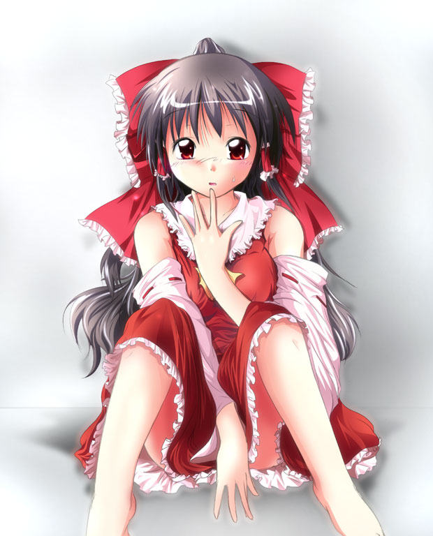 nanaume (shichimi tougarashi), hakurei reimu, touhou, eyebrows, bad id, bad pixiv id, 1girl, ascot, bare shoulders, barefoot, black hair, blush, bow, detached sleeves, female focus, hair bow, hair tubes, long hair, looking at viewer, red bow, red eyes, ribbon-trimmed sleeves, ribbon trim, sidelocks, sitting, skirt, solo