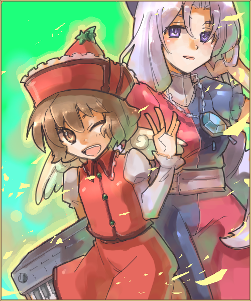 cosmic chicken, inuinui, lyrica prismriver, yagokoro eirin, touhou, silver hair, 2girls, brown eyes, brown hair, female focus, hand in own hair, hat, instrument, jewelry, keyboard, keyboard (instrument), multiple girls, oekaki, one eye closed, pendant, purple eyes, waving