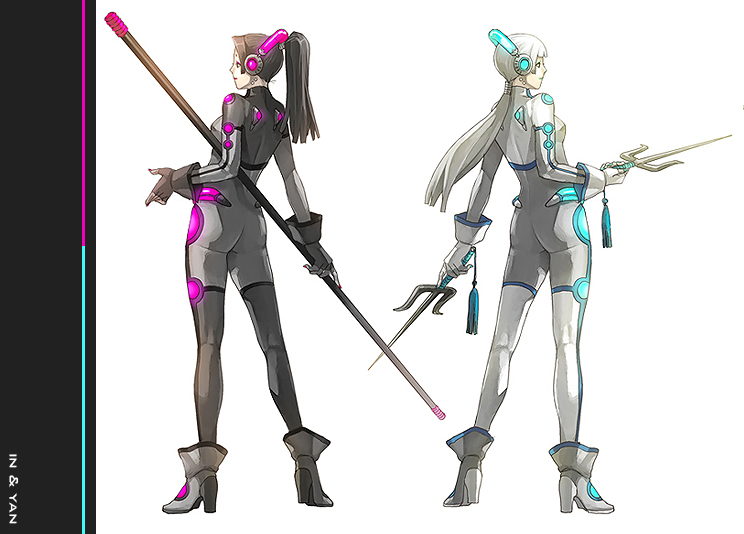 bou (inubou), juuden, 2girls, black bodysuit, black hair, bodysuit, gloves, multiple girls, okino, polearm, ponytail, sai (weapon), staff, weapon, white hair