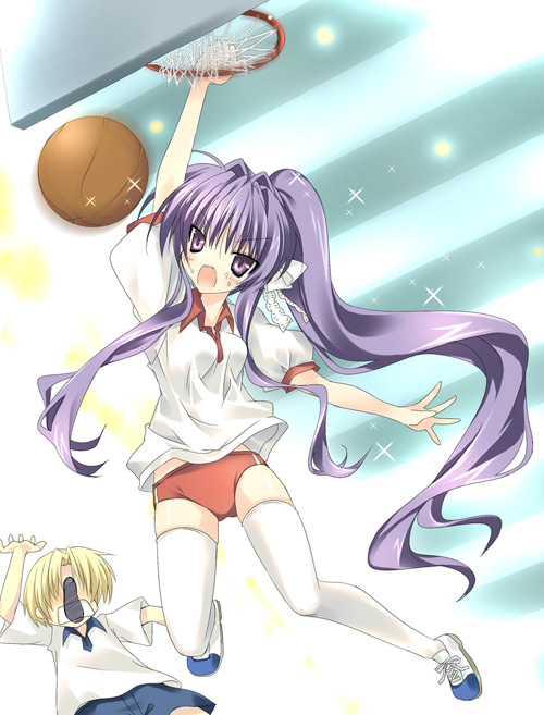 paco, fujibayashi kyou, sunohara youhei, clannad, 00s, 1boy, 1girl, alternate hairstyle, arm up, ball, basketball, basketball (object), basketball hoop, blonde hair, breasts, buruma, footprints, gym uniform, hair intakes, hair ribbon, long hair, medium breasts, midriff, open mouth, ponytail, purple eyes, purple hair, ribbon, shirt, shoes, short hair, short sleeves, slam dunk (basketball), sneakers, sparkle, sweat, thighhighs, uwabaki, very long hair, white shirt, white thighhighs