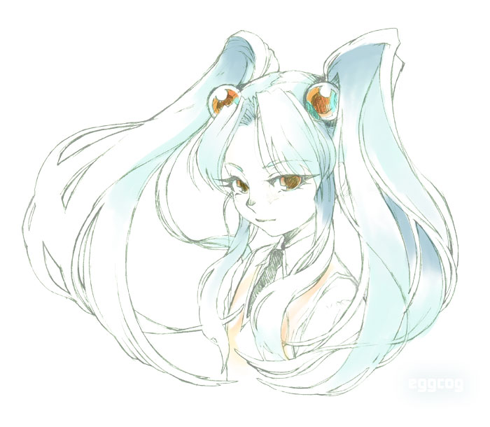 hatomugi, nadeshiko, hoshino ruri, kidou senkan nadesico, 1girl, blue hair, brown eyes, female focus, monochrome, solo, spot color, twintails