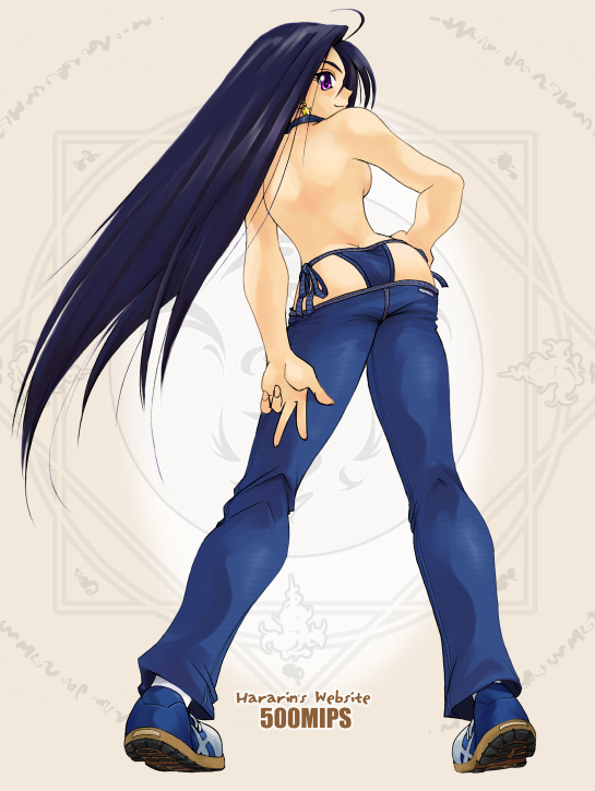 hararin, ranbu hararin, original, non-web source, 1girl, ass, bikini, bikini jeans, black hair, blue hair, breasts, butt crack, choker, contrapposto, dagger, denim, earrings, female focus, from behind, hand on own hip, jeans, jewelry, knife, long hair, looking back, lowleg, lowleg pants, medium breasts, panties, pants, purple eyes, shoes, side-tie panties, sneakers, socks, solo, standing, swimsuit, tomboy, topless female, underwear, v, very long hair, weapon