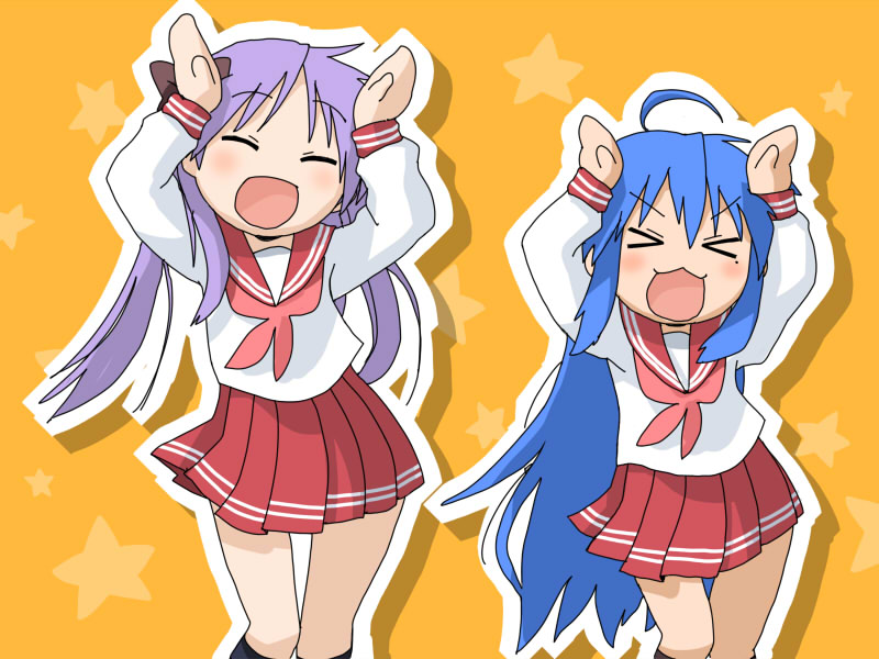 wao (artist), hiiragi kagami, izumi konata, lucky star, bad id, bad pixiv id, > <, 00s, 2girls, caramelldansen, closed eyes, long hair, mole, mole under eye, multiple girls, school uniform, serafuku, twintails