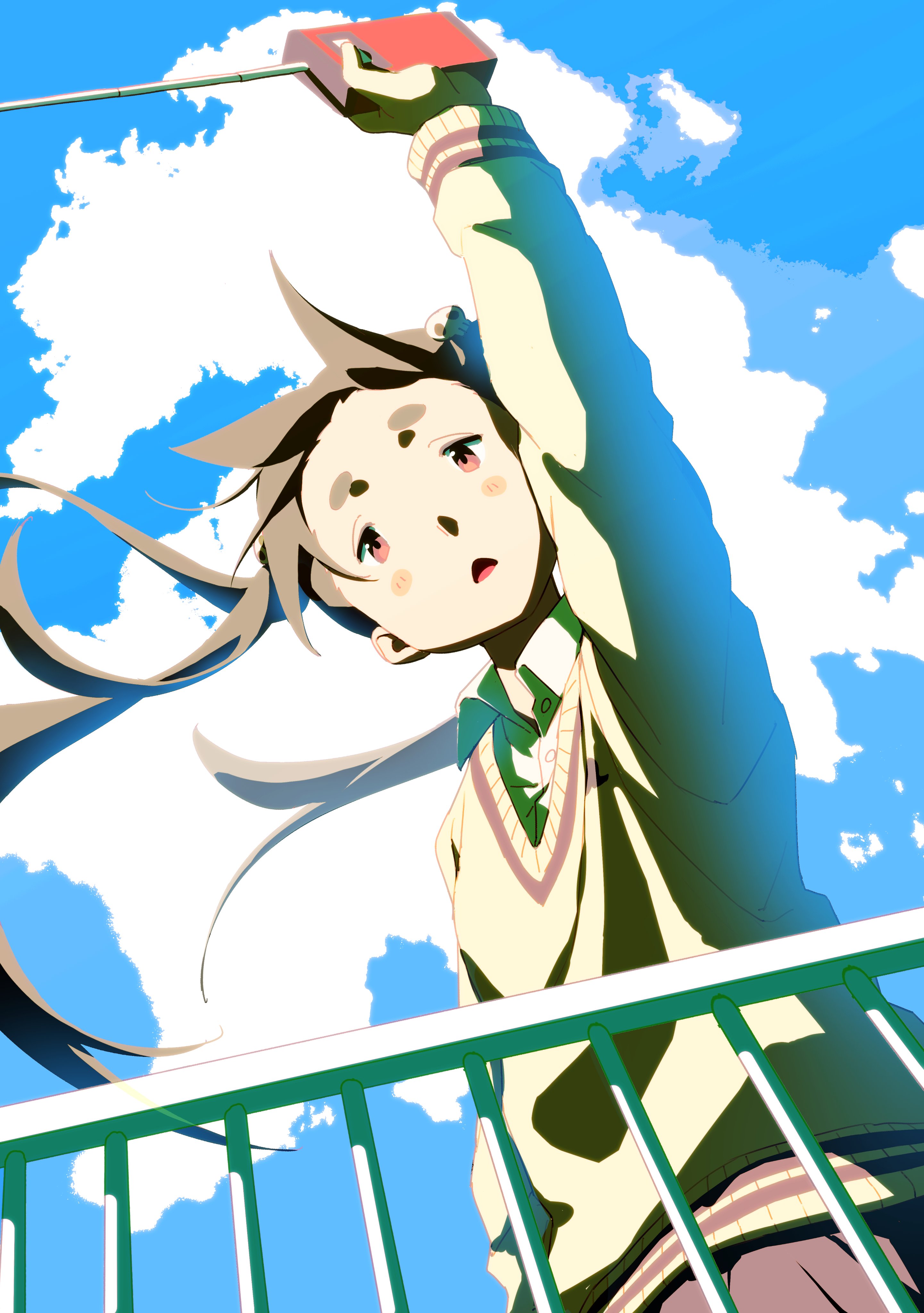 333takoyaki, nakagawa ouran, dead dead demons de dedede destruction, absurdres, commentary request, highres, 1girl, arm up, blue sky, blush, brown hair, cloud, collared shirt, day, hair ornament, long hair, looking at viewer, open mouth, outdoors, railing, shirt, skirt, sky, solo, sweater, twintails, yellow sweater