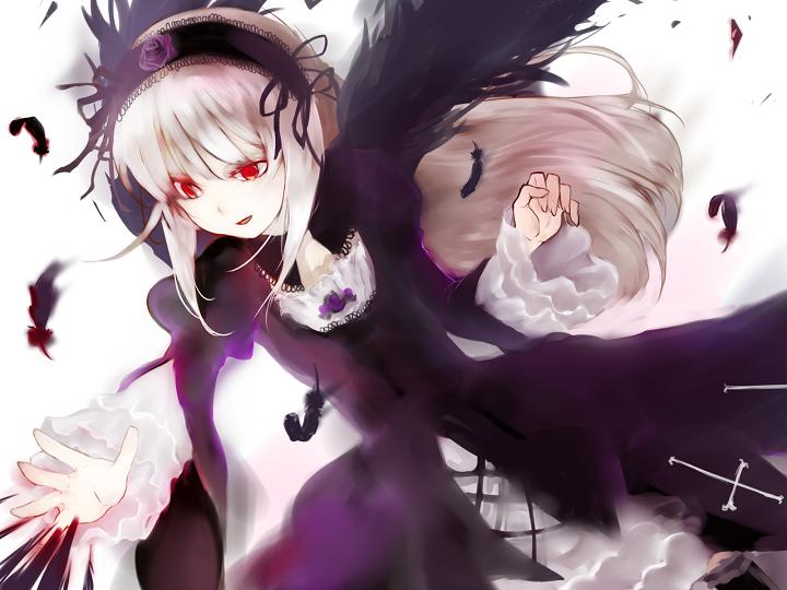 narumi (momo27), narumi (uminari), narumi, suigintou, rozen maiden, 00s, 1girl, :d, black dress, black wings, comic, cross-laced clothes, dress, feathered wings, feathers, female focus, frilled sleeves, frills, hairband, lolita hairband, long sleeves, open mouth, pale skin, red eyes, silent comic, simple background, smile, solo, white background, wings