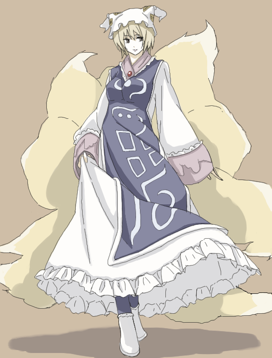 kajiki, yakumo ran, touhou, beige background, 1girl, animal hat, ankle boots, blonde hair, boots, dress, female focus, fox tail, frills, full body, hat, long sleeves, looking at viewer, mob cap, multiple tails, oekaki, pantyhose, shoes, short hair, simple background, solo, standing, tabard, tail, tassel, white boots, white dress, wide sleeves