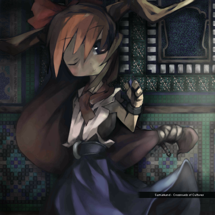 cusui, ibuki suika, touhou, 1girl, against wall, blue eyes, blue skirt, blush, chain, female focus, head tilt, horns, indoors, looking at viewer, oekaki, oni, orange hair, painting (object), shirt, skirt, solo, tareme, white shirt, wrist cuffs