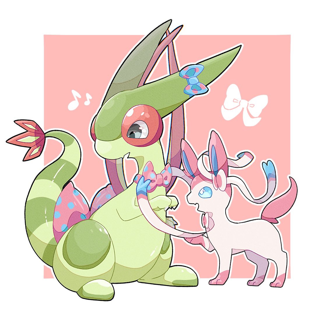 flygon, sylveon, nintendo, pokemon, commentary request, blue eyes, bow, bowtie, dragon, fang, flygonlove330, gen 3 pokemon, gen 6 pokemon, looking down, musical note, no humans, open mouth, pokemon (creature), pokemon focus, tail, tail bow, tail ornament, wings