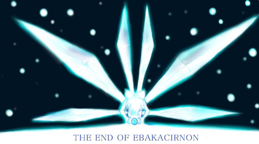 shigeohji, cirno, lilith (ayanami rei), lilith (evangelion), neon genesis evangelion, the end of evangelion, touhou, 1girl, blue theme, circled 9, crossover, english text, female focus, monochrome, oekaki, outdoors, parody, solo, spot color, wings