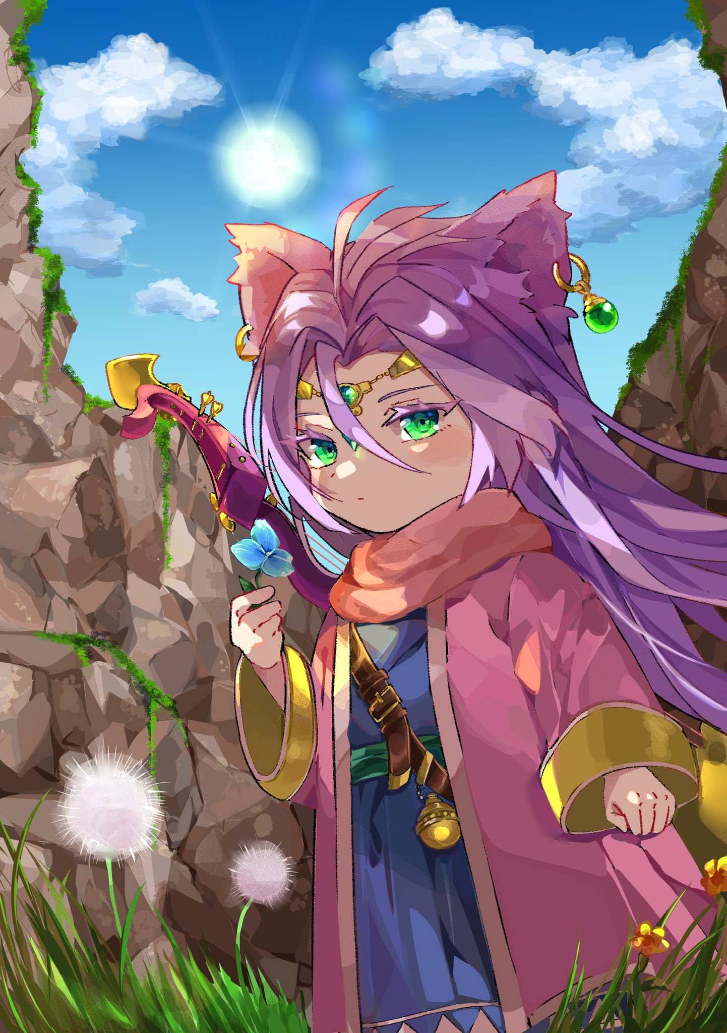 dragon quest, dragon quest x, commentary request, highres, 1boy, androgynous, animal ears, belt, blue flower, blue robe, blue sky, brown belt, circlet, cloud, colored eyelashes, dandelion, day, earrings, floating hair, flower, foster (dq10), gem, gold circlet, gold earrings, grass, green eyes, green gemstone, holding, holding flower, hoop earrings, instrument, jacket, jewelry, kinondq10, long hair, looking at viewer, looking to the side, male focus, outdoors, pink jacket, pink scarf, purple hair, robe, rock, scarf, sky, solo, sphere earrings, yellow flower