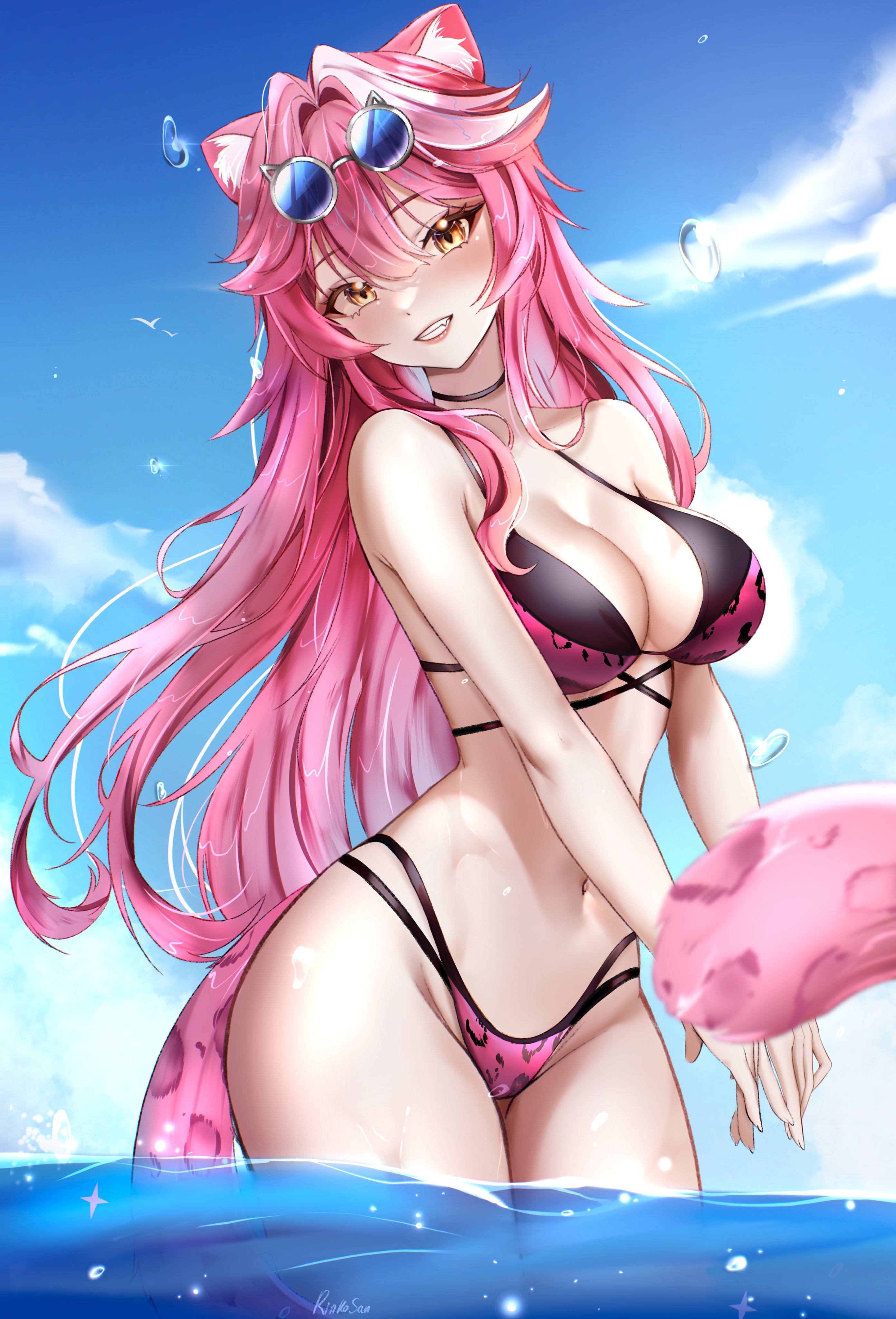 rinkosannn, raora panthera, raora panthera (holonatsu paradise), hololive, hololive english, holonatsu paradise, absurdres, hashtag-only commentary, highres, 1girl, animal ear fluff, animal ears, animal print, bikini, black bikini, blush, breasts, cleavage, cowboy shot, day, eyewear on head, fang, grin, highleg, highleg bikini, large breasts, large tail, layered bikini, leopard print, leopard print bikini, lips, long hair, looking at viewer, multi-strapped bikini bottom, multicolored hair, navel, official alternate costume, outdoors, panther ears, panther girl, panther tail, pink bikini, pink hair, pink nails, round eyewear, signature, smile, solo, standing, stomach, sunglasses, swimsuit, tail, teeth, virtual youtuber, wading, water, white hair, yellow eyes