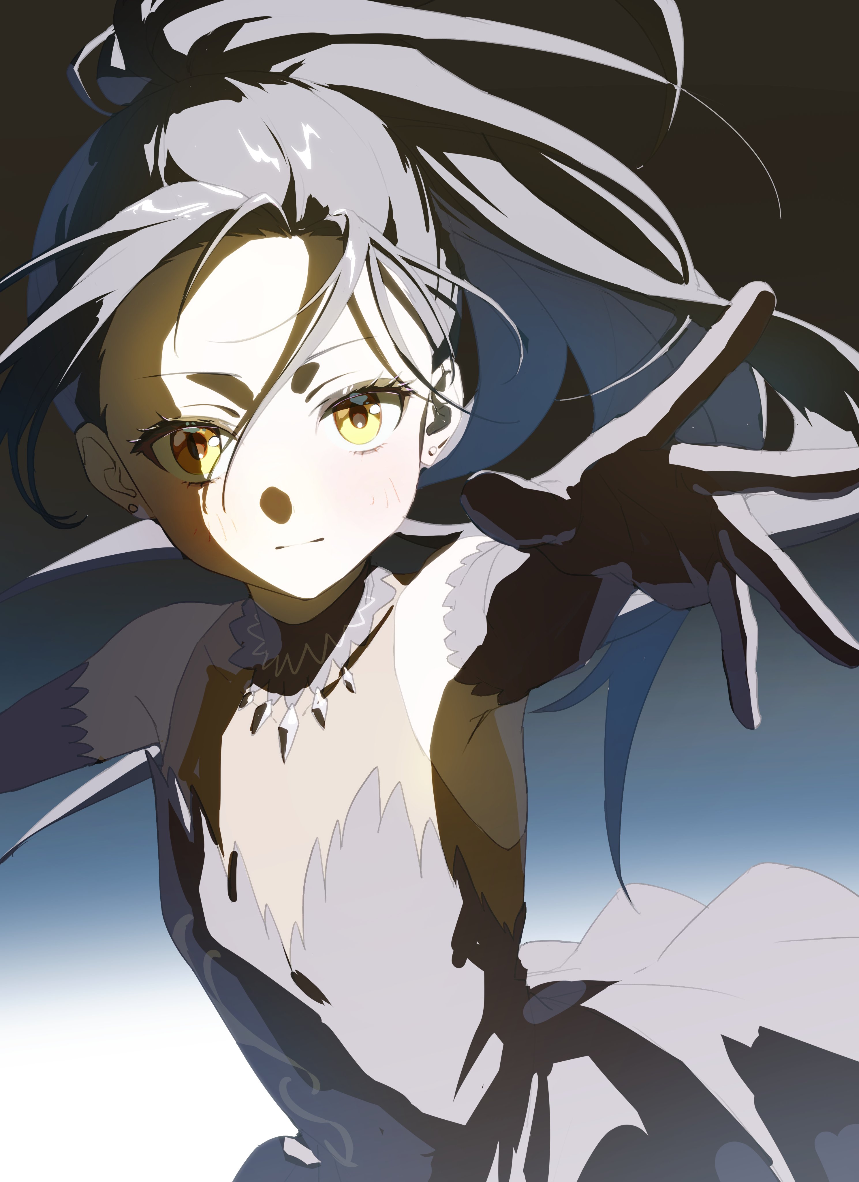333takoyaki, kamisaki hikaru, medalist (manga), absurdres, commentary request, highres, 1girl, black dress, black gloves, black hair, blush, closed mouth, dress, earrings, elbow gloves, eyelashes, figure skating dress, gloves, jewelry, long hair, looking at viewer, outstretched arm, ponytail, reaching, reaching towards viewer, solo, stud earrings, yellow eyes