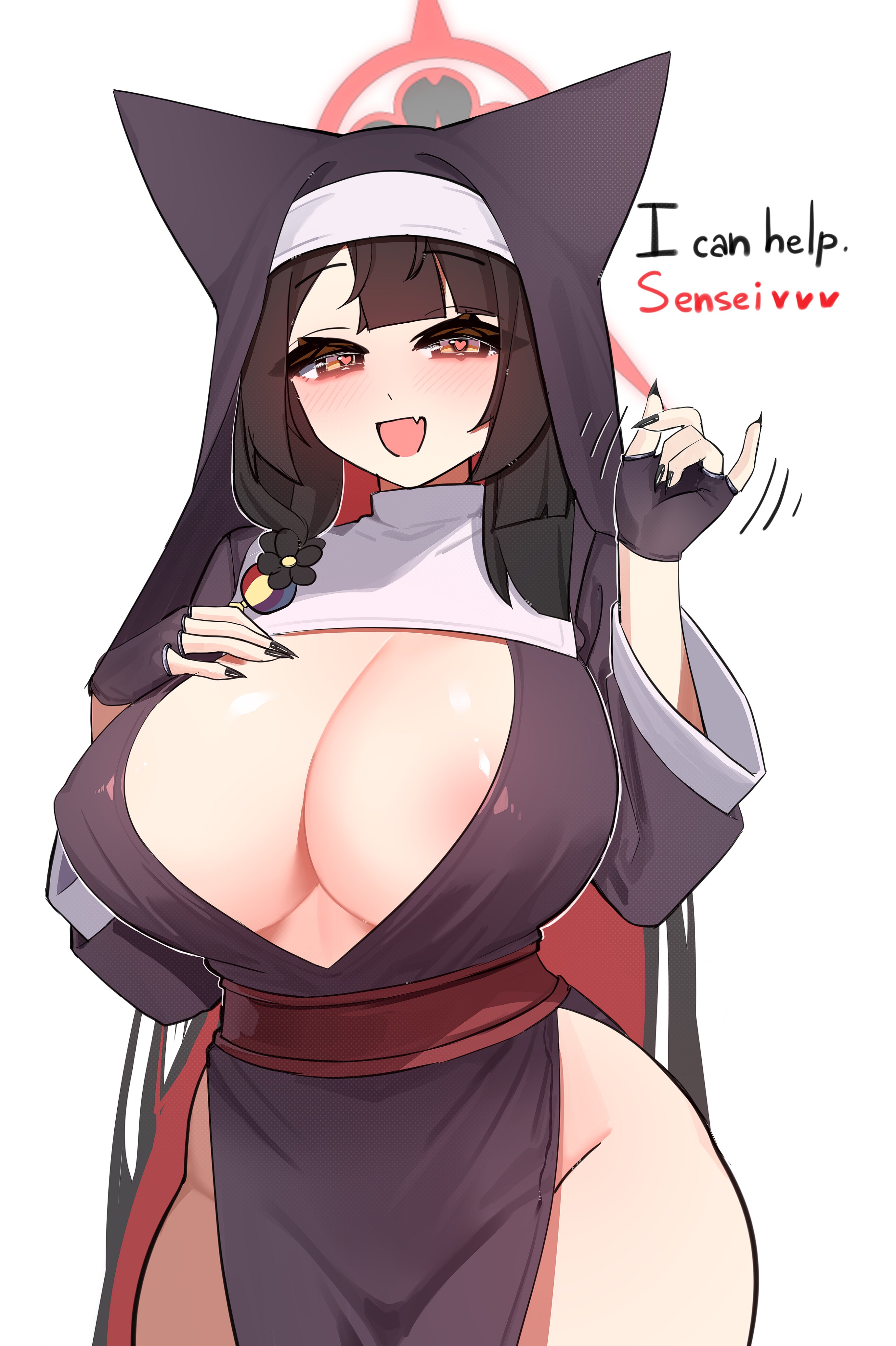 silenzuka, wakamo (blue archive), blue archive, absurdres, highres, 1girl, animal ear fluff, animal ears, areola slip, blush, breasts, brown hair, cleavage, colored inner hair, eyeshadow, fox ears, fox girl, halo, huge breasts, long hair, makeup, multicolored hair, nun, red eyeshadow, red hair, red halo, simple background, solo, very long hair, white background, wide hips, yellow eyes
