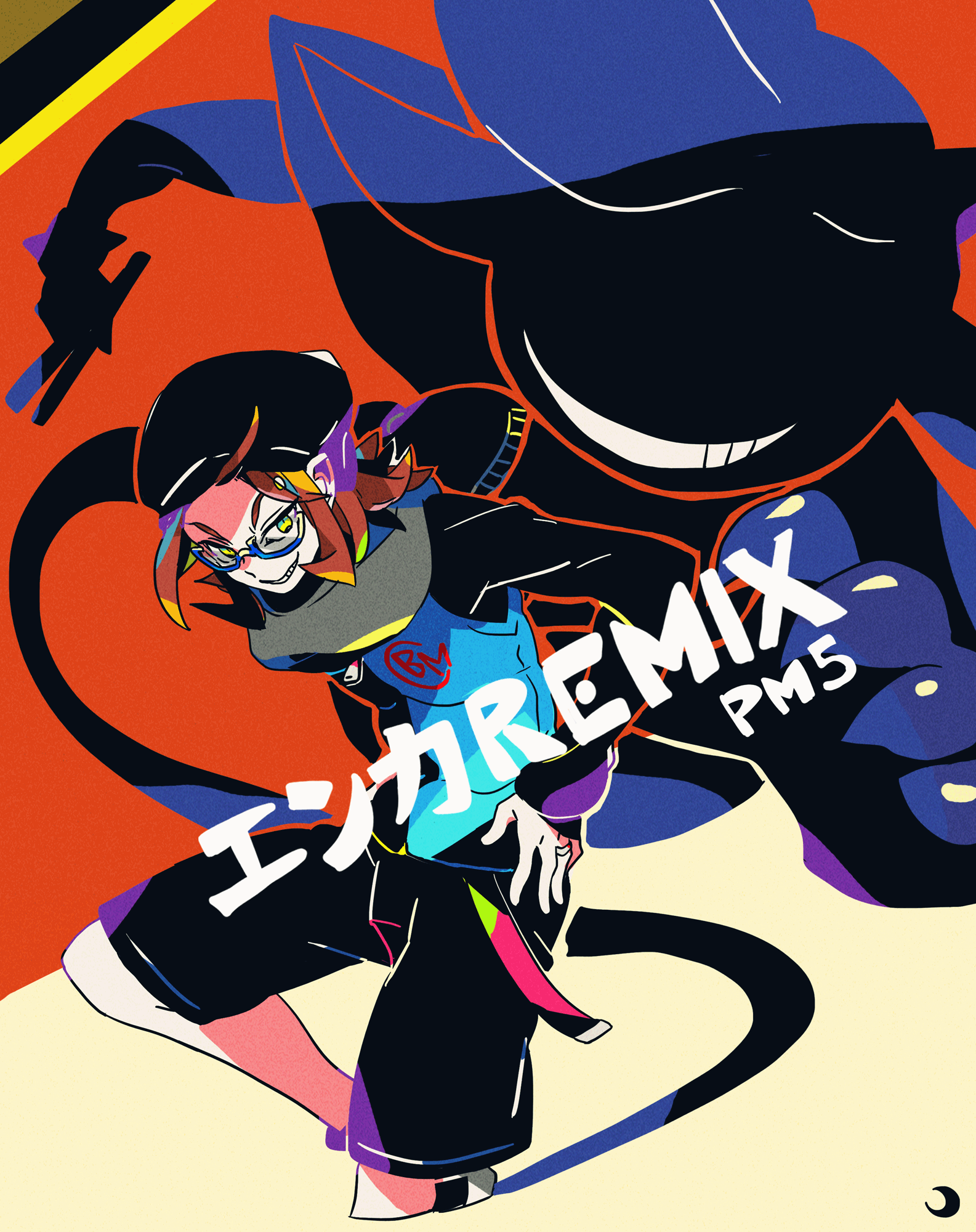 mizuki tsukimori, hatena (pop'n music), mzd, bemani, pop'n music, commentary request, highres, 1boy, black hat, black shorts, blue vest, copyright name, cropped legs, glasses, grin, hand on own hip, hat, jewelry, looking at viewer, male focus, ring, shorts, smile, two-tone background, vest