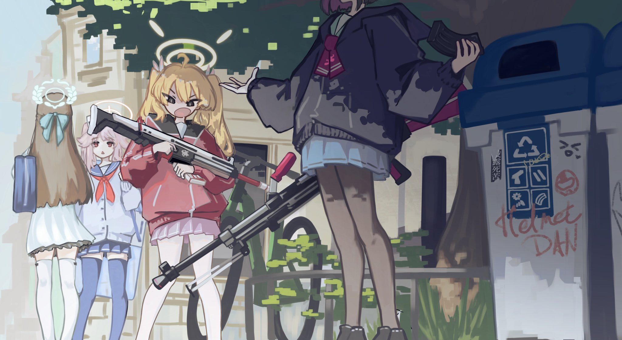 sodium chloride, airi (blue archive), kazusa (blue archive), natsu (blue archive), yoshimi (blue archive), blue archive, highres, 4girls, after-school sweets club (blue archive), battle rifle, black hair, black jacket, black pantyhose, black shoes, blonde hair, blue bow, blue halo, blue sailor collar, blue skirt, blue thighhighs, bow, bren lmg, brown hair, colored inner hair, fn scar 17, green sailor collar, gun, hair between eyes, hair bow, hair ribbon, halo, holding, holding gun, holding magazine (weapon), holding weapon, jacket, light machine gun, long hair, machine gun, magazine (weapon), multicolored hair, multiple girls, neckerchief, pantyhose, pink hair, pink halo, pink skirt, pleated skirt, red eyes, red jacket, red neckerchief, ribbon, rifle, sailor collar, shoes, short hair, sidelocks, skirt, thighhighs, twintails, two-tone hair, weapon, white jacket, white ribbon, white skirt, white thighhighs, yellow eyes, yellow halo