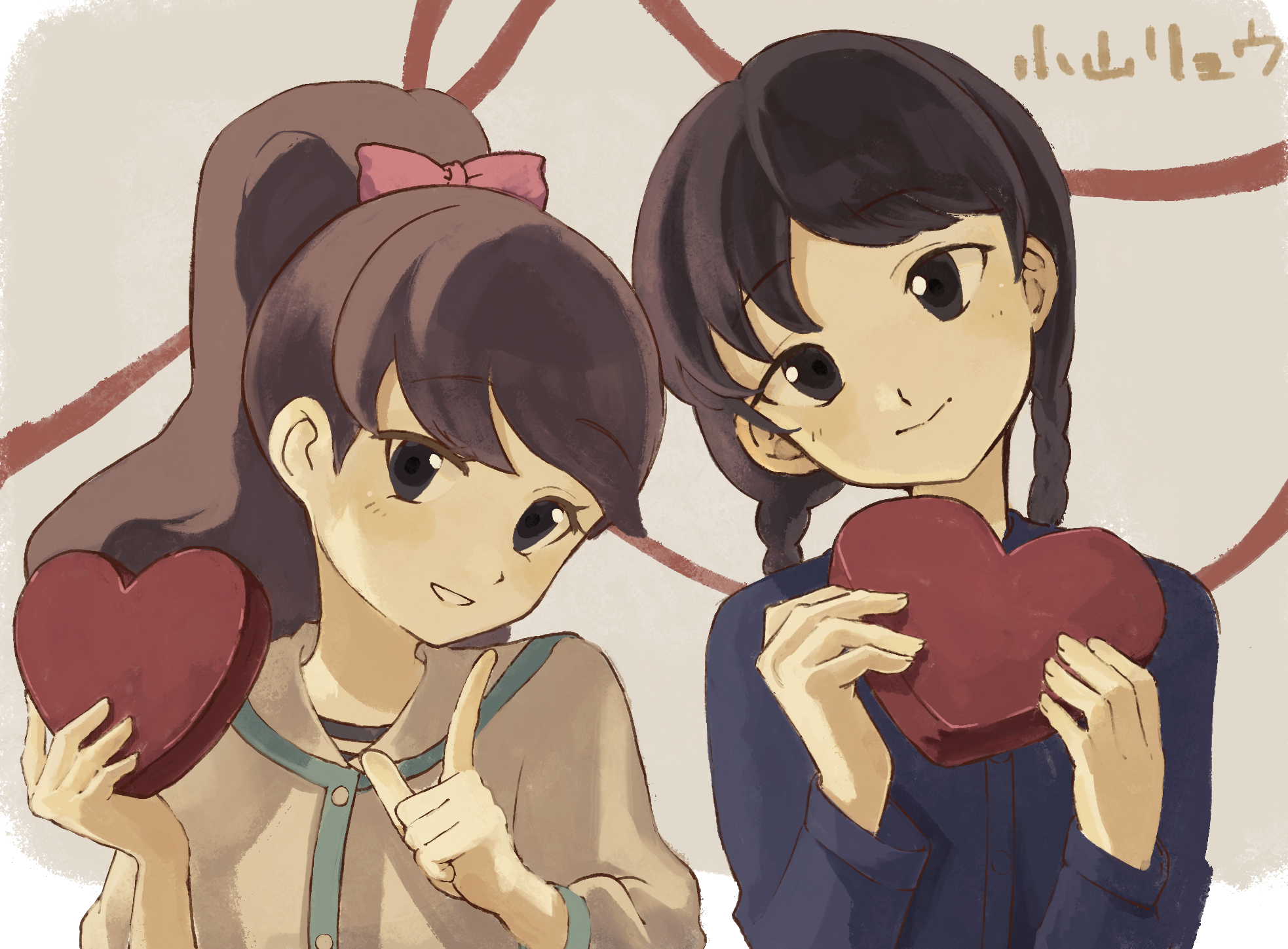 koyamaryo, kodama fumika, youkai watch, character request, highres, 2girls, artist name, black eyes, black hair, box, braid, brown hair, closed mouth, gift, head tilt, heart-shaped box, high ponytail, holding, holding box, holding gift, long hair, looking at viewer, multiple girls, open mouth, ponytail, simple background, twin braids, upper body