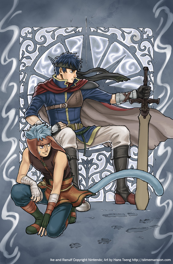 hans tseng, ike (fire emblem), ranulf (fire emblem), fire emblem, fire emblem: path of radiance, nintendo, commentary, english commentary, 2boys, animal ears, artist name, blue eyes, blue hair, cape, cat boy, cat ears, character name, headband, headdress, male focus, multiple boys, planted, planted sword, planted weapon, ragnell, short hair, sword, tail, weapon