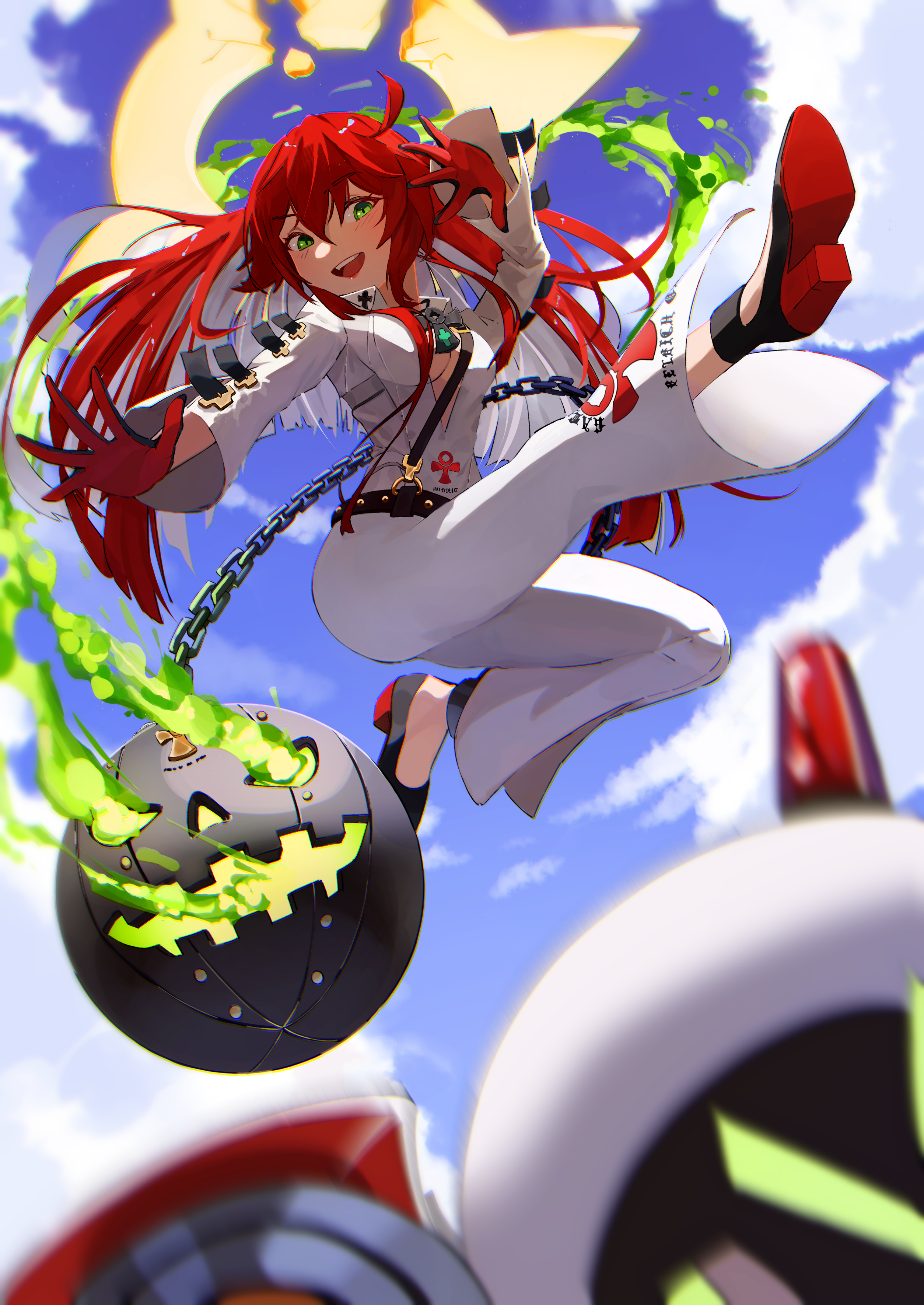 panbalkon, dorpos, jack-o' valentine, guilty gear, guilty gear strive, absurdres, commentary, highres, 1girl, :d, ball and chain restraint, black shoes, blue sky, blurry, breasts, broken halo, chain, cloud, colored inner hair, day, eyelashes, fire, gloves, green eyes, green fire, halo, high heels, jumpsuit, long hair, long sleeves, midair, multicolored hair, open mouth, red gloves, red hair, shoes, sky, smile, teeth, two-tone hair, upper teeth only, white hair, white jumpsuit