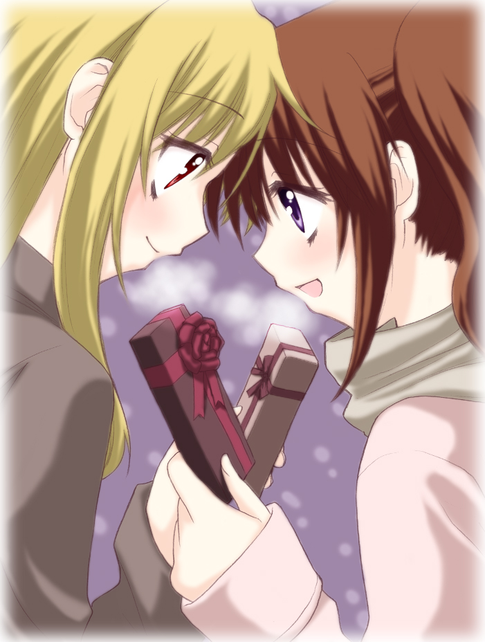 saki chisuzu, fate testarossa, takamachi nanoha, lyrical nanoha, mahou shoujo lyrical nanoha, mahou shoujo lyrical nanoha strikers, eyebrows, 00s, 2girls, :d, blonde hair, box, breath, from side, gift, gift box, holding, multiple girls, open mouth, profile, purple background, red ribbon, ribbon, scarf, side ponytail, sidelocks, simple background, smile, snowing, upper body, yuri