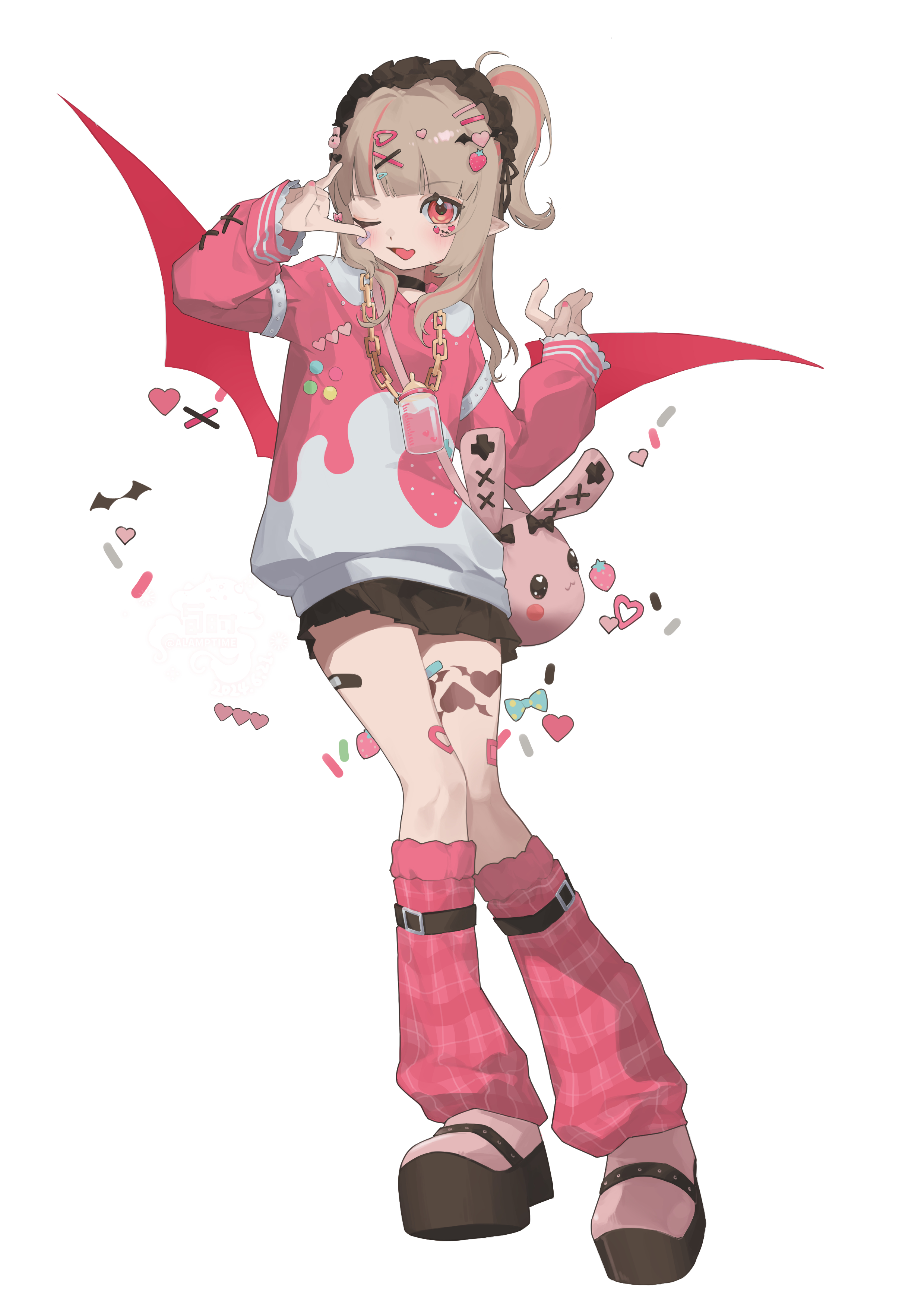 alamp, makaino ririmu, nijisanji, absurdres, highres, 1girl, n/, animal bag, baby bottle, bag, bandaid, bandaid on face, bandaid on leg, black choker, black headdress, black shoes, black skirt, blunt bangs, blush, bottle, bow, chain, chain necklace, choker, colored inner hair, cross-laced clothes, cross-laced sleeves, demon wings, dutch angle, fang, food-themed hair ornament, food print, frilled sleeves, frills, fruit print, full body, grey hair, hair bow, hair intakes, hair ornament, hair over shoulder, hairclip, hairpin, hands up, heart, heart hair ornament, heart print, heart sticker, hood, hoodie, jewelry, leg tattoo, leg warmers, long hair, long sleeves, miniskirt, multicolored hair, multiple hairpins, nail polish, necklace, official alternate costume, official alternate hairstyle, one eye closed, one side up, open mouth, pink bow, pink hair, pink hoodie, pink leg warmers, pink nails, plaid clothes, plaid leg warmers, platform shoes, pleated skirt, pointy ears, rabbit bag, rabbit hair ornament, red eyes, red wings, shoes, shoulder bag, sidelocks, simple background, skin fang, skirt, sleeves past wrists, smile, solo, standing, sticker, sticker on face, strawberry hair ornament, strawberry print, streaked hair, stuffed animal, stuffed rabbit, stuffed toy, tattoo, triangle hair ornament, two-tone hoodie, two side up, virtual youtuber, w arms, white background, white hoodie, winged heart, winged heart tattoo, wings, x hair ornament