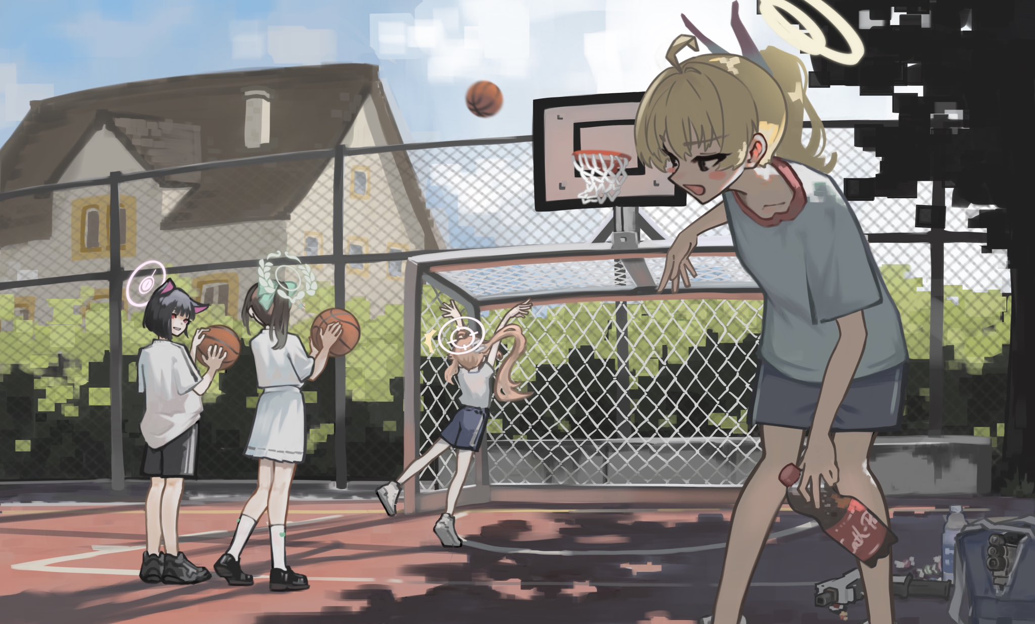 sodium chloride, airi (blue archive), kazusa (blue archive), natsu (blue archive), yoshimi (blue archive), blue archive, highres, 4girls, after-school sweets club (blue archive), alternate costume, alternate hairstyle, animal ears, ball, basketball, basketball (object), black hair, black shoes, black shorts, blonde hair, blue bow, blue halo, blue shorts, blush, bottle, bow, brown hair, cat ears, cat girl, colored inner animal ears, colored inner hair, hair bow, hair ribbon, halo, holding, holding ball, holding bottle, long hair, looking at another, multicolored hair, multiple girls, open mouth, pink hair, pink halo, ponytail, red eyes, ribbon, shoes, short hair, shorts, skirt, socks, two-tone hair, white ribbon, white shoes, white skirt, white socks, yellow halo