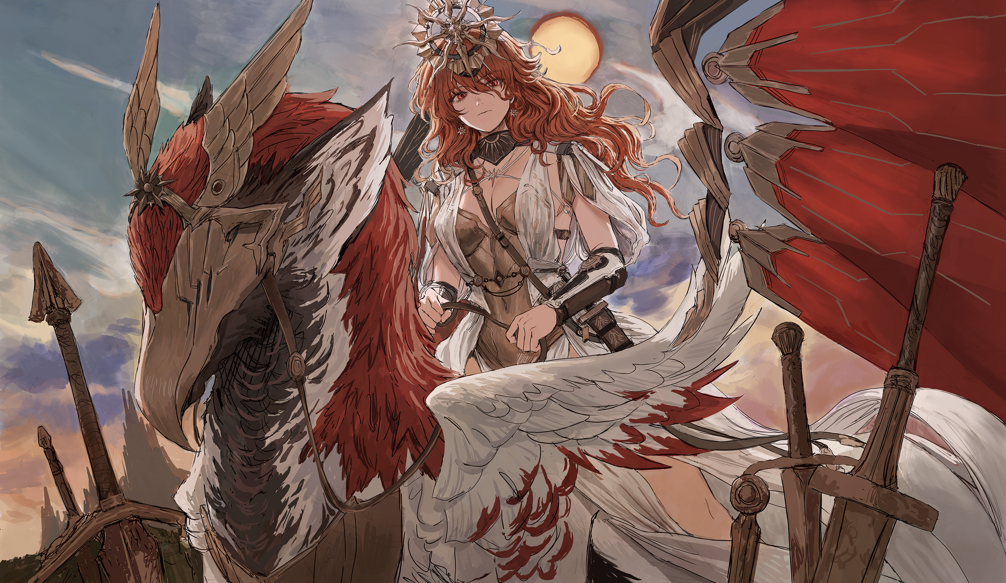 gold can, augusta (wuthering waves), wuthering waves, absurdres, commentary, highres, 1girl, ancient greek clothes, arm armor, armor, black collar, breastplate, breasts, closed mouth, collar, dress, earrings, greco-roman clothes, hair between eyes, headgear, jewelry, long hair, looking at viewer, medium breasts, orange hair, outdoors, red eyes, riding, solo, sun, sun earrings, sun necklace, tacet discord (wuthering waves), white dress