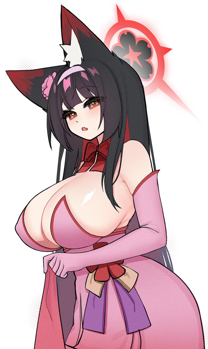 silenzuka, wakamo (blue archive), blue archive, highres, 1girl, animal ear fluff, animal ears, blush, bow, breasts, brown hair, cleavage, colored inner hair, dress, elbow gloves, eyeshadow, flower hairband, fox ears, fox girl, gloves, hairband, halo, large breasts, looking at viewer, makeup, multicolored hair, pink dress, pink hairband, red eyeshadow, red hair, red halo, sideboob, simple background, solo, white background, yellow eyes