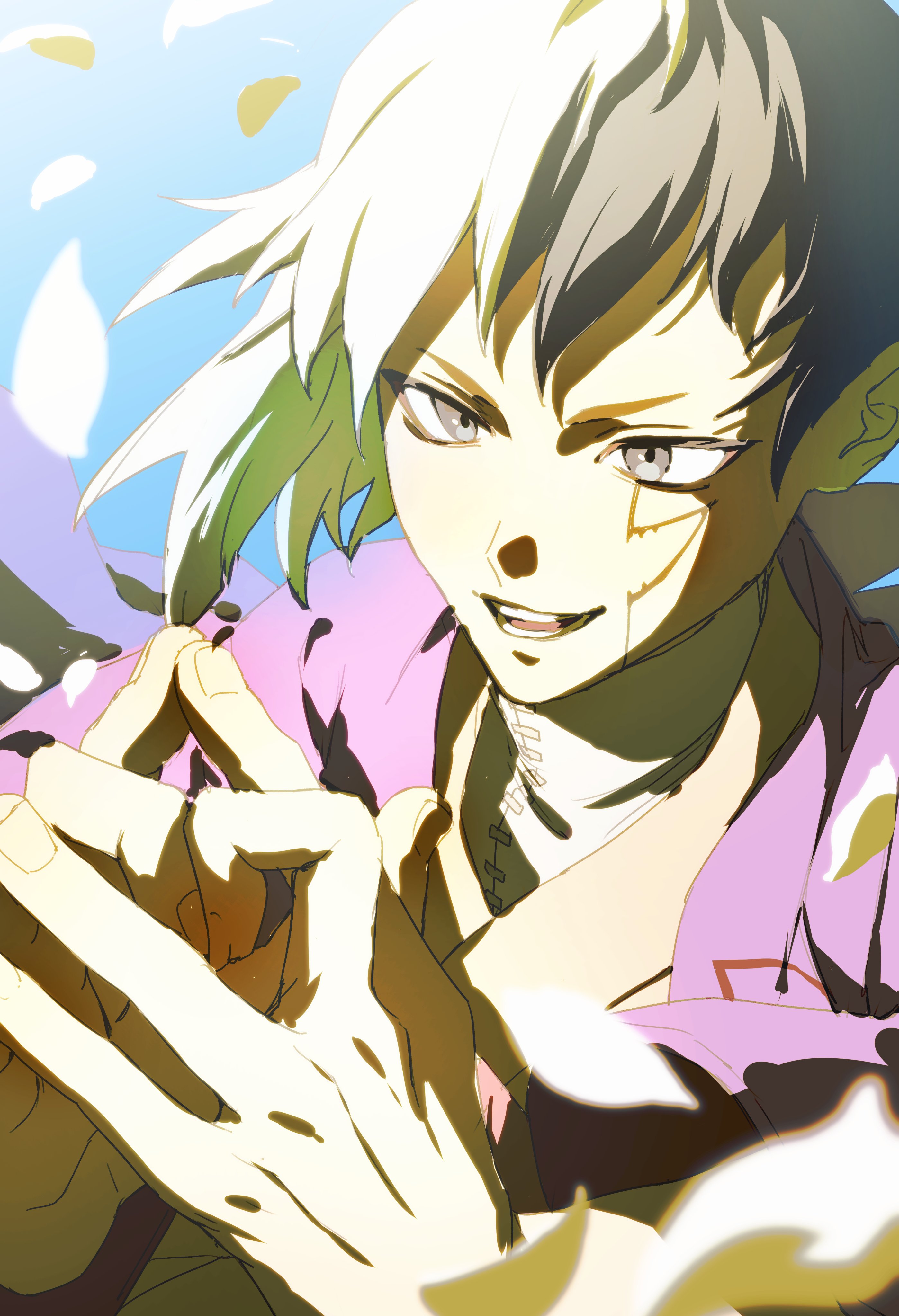 333takoyaki, asagiri gen, dr. stone, absurdres, commentary request, highres, 1boy, black eyes, black hair, coat, facial mark, large hands, male focus, multicolored hair, open mouth, own hands together, petals, purple coat, solo, split-color hair, teeth, upper body, white hair