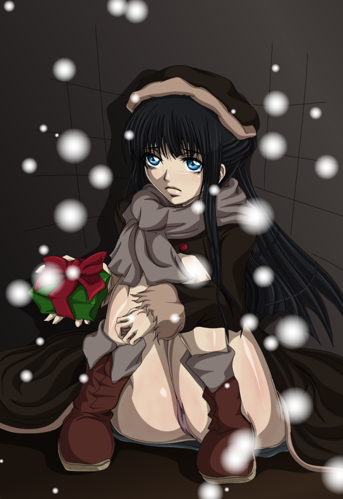 madhatter hello, marina ismail, gundam, gundam 00, bad id, bad pixiv id, 00s, 1girl, christmas, female focus, gift, lonely, outdoors, panties, pantyshot, solo, underwear