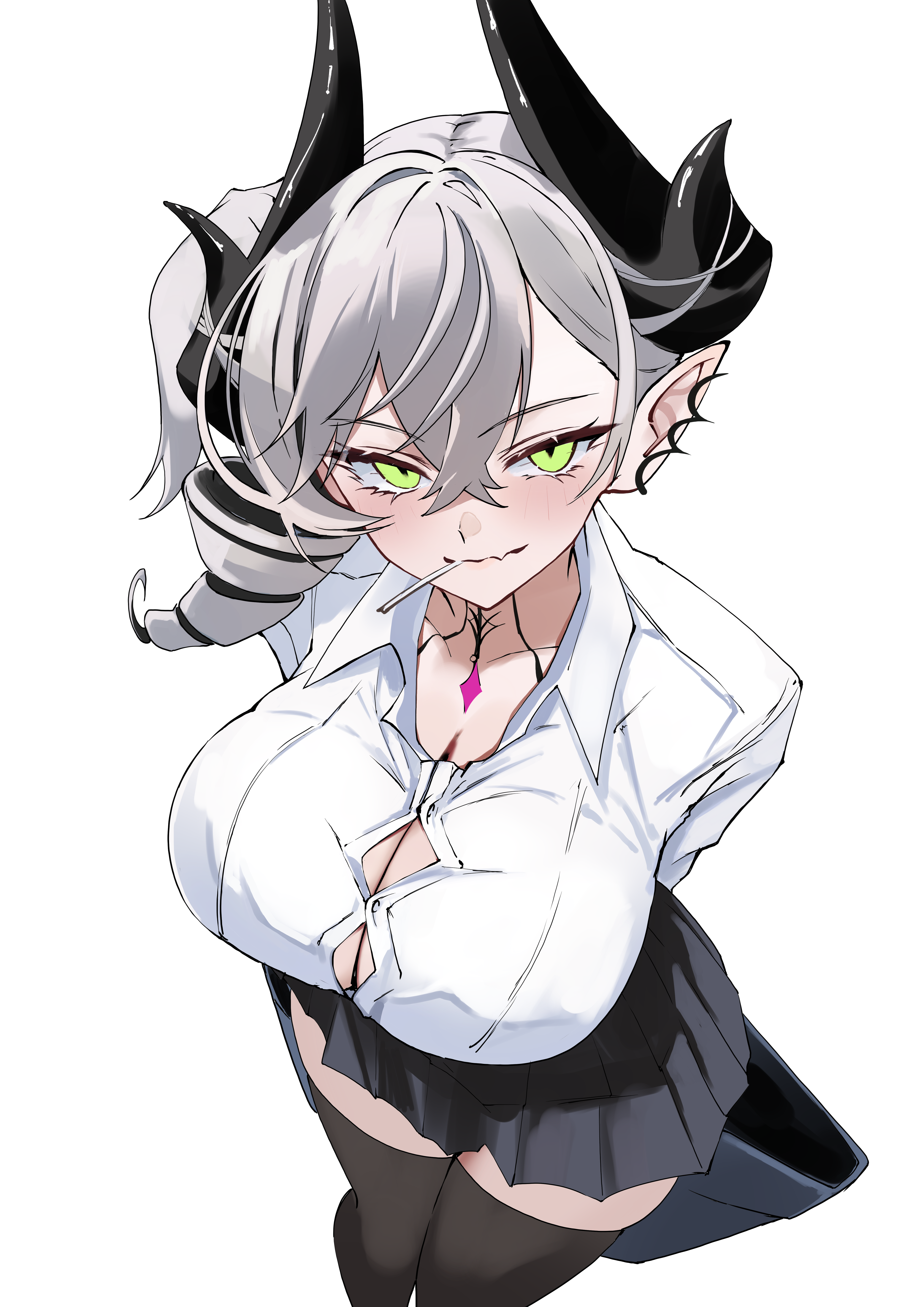 s4ika, lilith (fate), fate/grand order, fate (series), absurdres, highres, 1girl, black skirt, black thighhighs, blush, body markings, breasts, candy, choker, cleavage, collared shirt, crossed bangs, demon girl, demon horns, drill hair, drill ponytail, ear piercing, food, food in mouth, green eyes, grey hair, hair between eyes, horns, large breasts, lollipop, long sleeves, looking at viewer, medium hair, piercing, pointy ears, shirt, side ponytail, skirt, smile, solo, thighhighs, thighs, white shirt