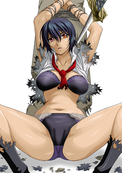 isse, original, 1girl, arms up, assisted exposure, barbed wire, bdsm, blue eyes, blue hair, bondage, bound, bra, defeat, female focus, heterochromia, katana, lingerie, matching hair/eyes, necktie, orange eyes, panties, restrained, short hair, solo, spread legs, sword, torn clothes, underwear, weapon