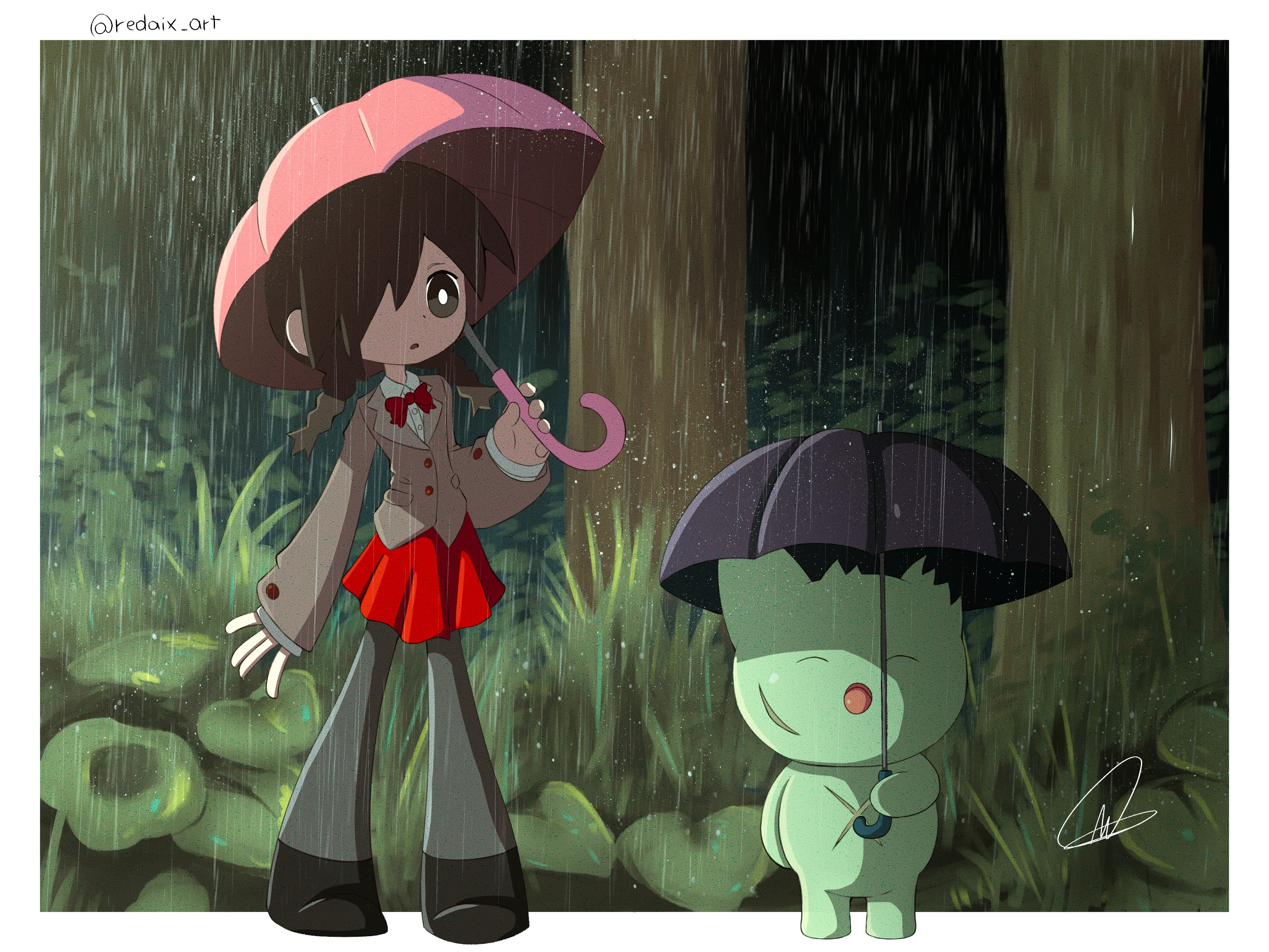 redaix, defect mogeko, kurai yonaka, funamusea, mogeko castle, tonari no totoro, absurdres, highres, 1girl, black eyes, black hair, black leggings, bow, bowtie, brown jacket, forest, hair over one eye, jacket, leaf, leggings, mogeko (species), nature, rain, red bow, red bowtie, red skirt, scar, scar on face, scar on stomach, school swimsuit, skirt, swimsuit, totoro bus stop, tree