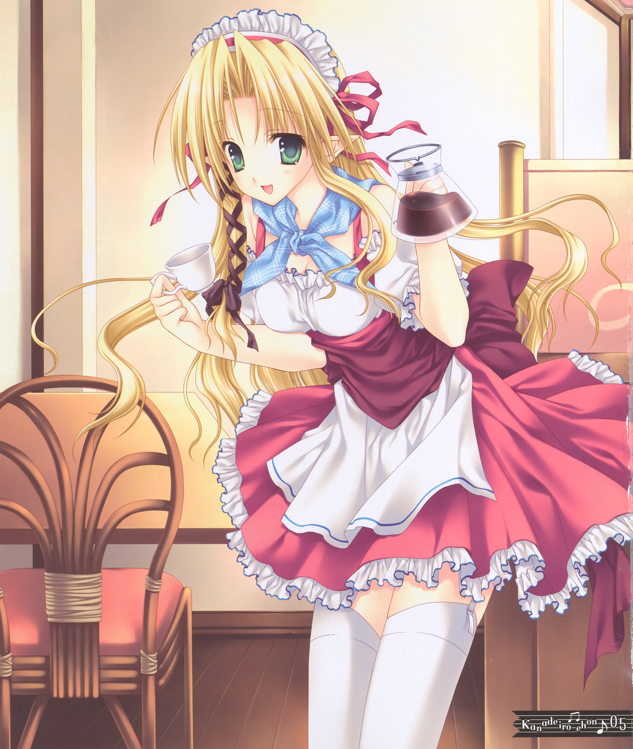 wnb mark, kareha, shuffle!, absurdres, highres, scan, 00s, 1girl, bent over, blonde hair, bonnet, cowboy shot, female focus, green eyes, hair ribbon, indoors, long hair, pointy ears, ribbon, solo, standing, thighhighs, waitress