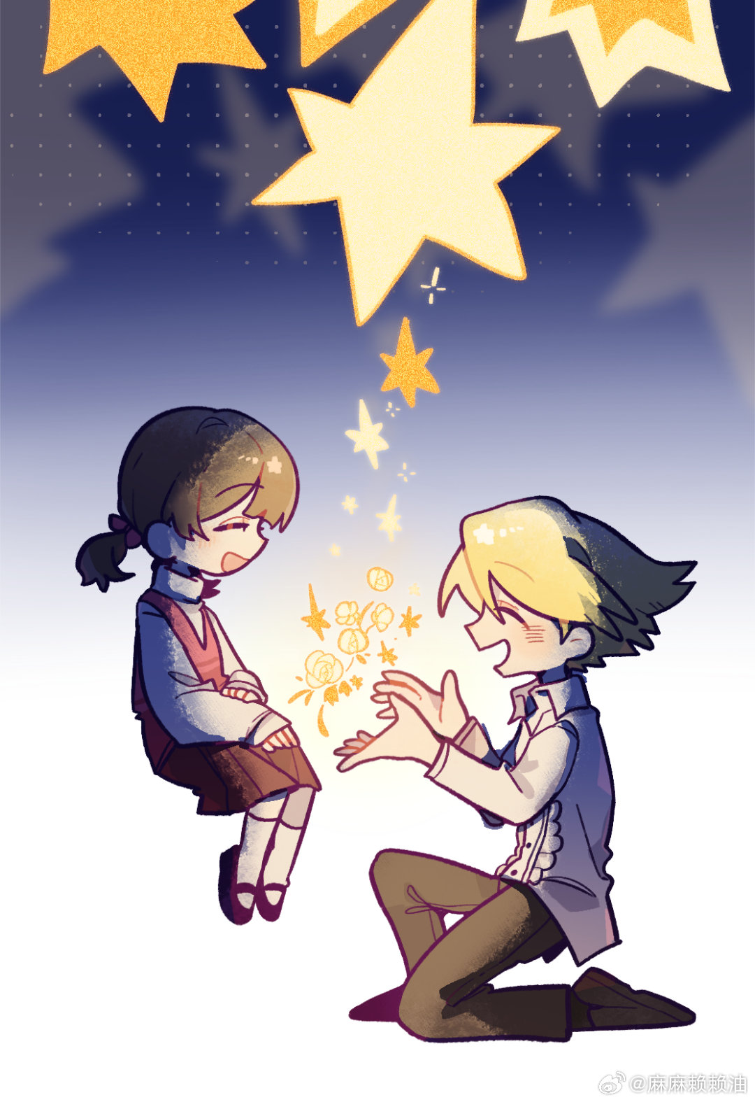 zhenquanxicailan, doujima nanako, kuma (persona 4), persona, persona 4, highres, 1boy, 1girl, black pants, blonde hair, blush, brown hair, brown skirt, closed eyes, collared shirt, facing another, floating, flower, from side, happy, pants, red vest, shirt, short hair, sitting, skirt, sparkle, twintails, vest, white shirt