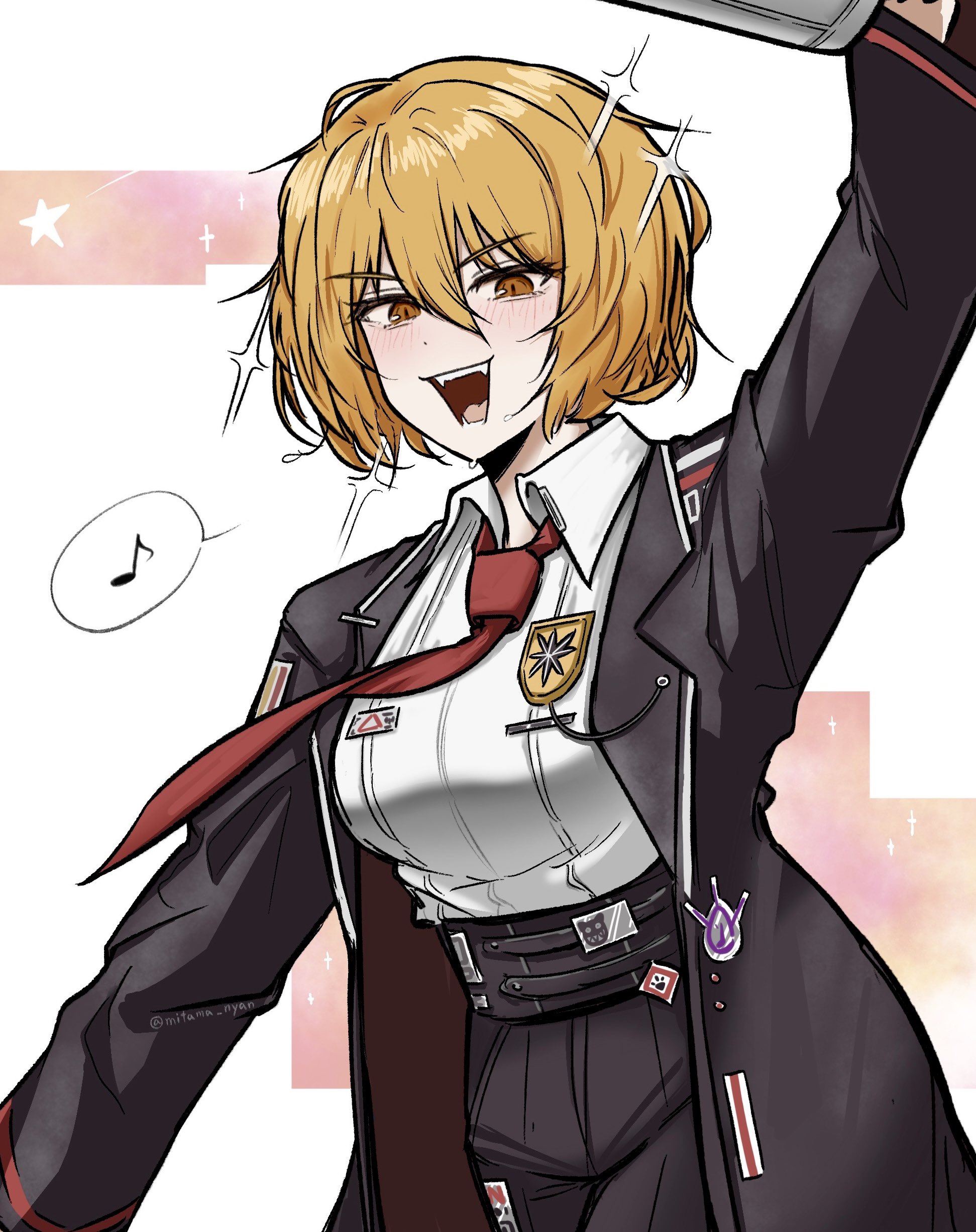 k i r i p o, don quixote (project moon), limbus company, project moon, absurdres, highres, 1girl, :d, black coat, black pants, blonde hair, coat, collared shirt, fangs, holding, holding weapon, long sleeves, looking at viewer, musical note, necktie, open mouth, pants, red necktie, shirt, short hair, simple background, smile, solo, spoken musical note, standing, upper body, weapon, white background, white shirt, yellow eyes