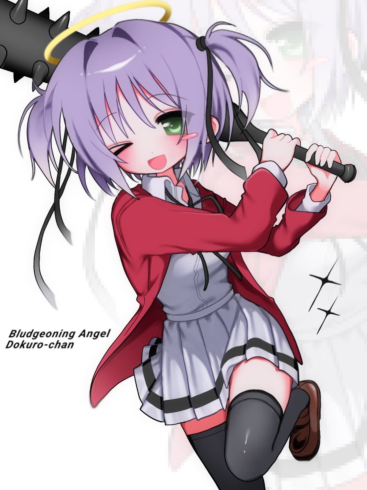 mitsukai dokuro, bokusatsu tenshi dokuro-chan, commentary request, highres, > o, 1girl, blush, blush stickers, collared shirt, copyright name, excalibolg, green eyes, hair ribbon, halo, inori (artist), jacket, loafers, long sleeves, neck ribbon, one eye closed, open clothes, open jacket, open mouth, pleated skirt, purple hair, ribbon, school uniform, shirt, shoes, single blush sticker, skirt, smile, solo, spiked bat, standing, standing on one leg, thighhighs, twintails, zoom layer