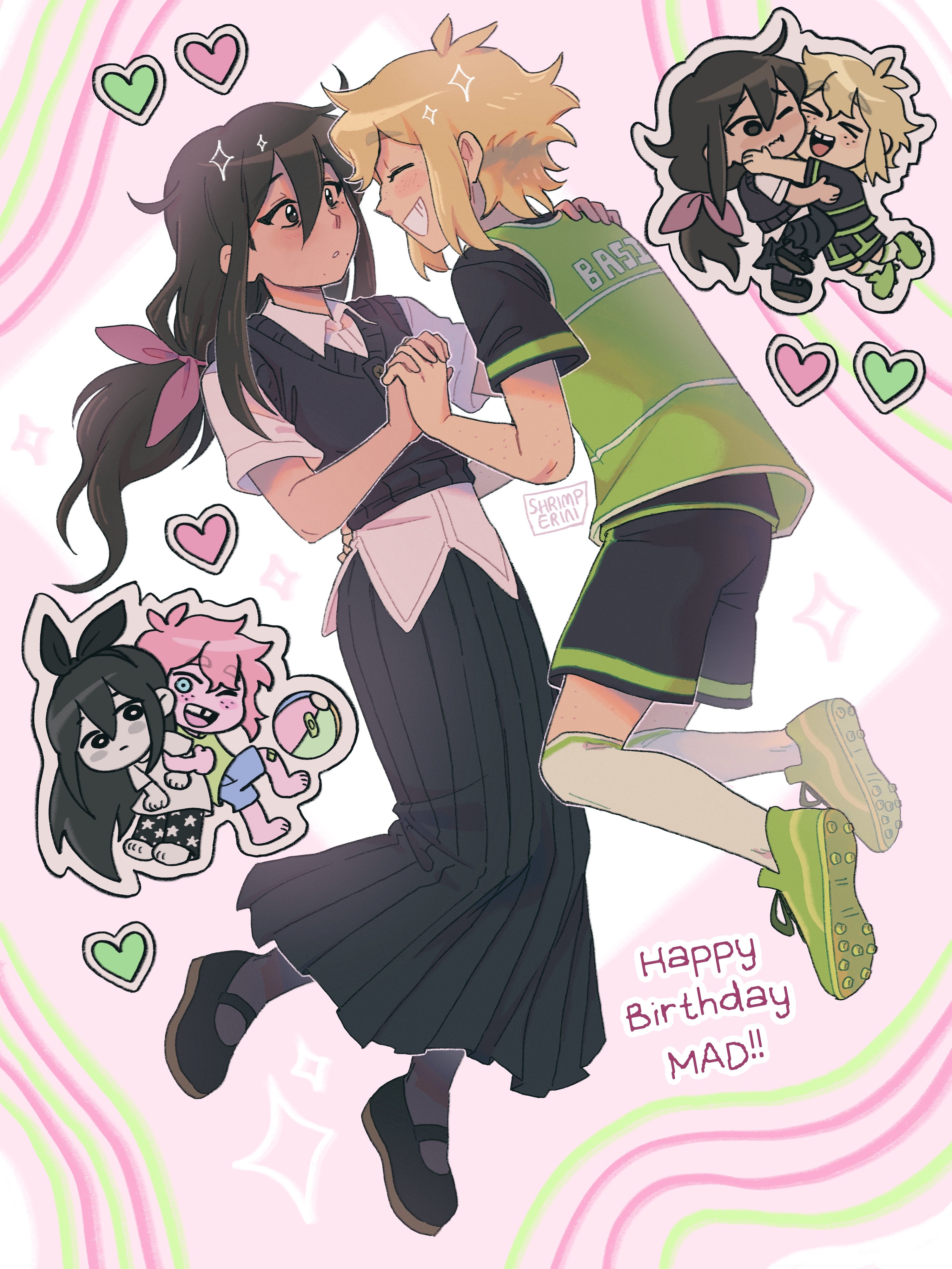 shrimperini, aubrey (faraway) (omori), aubrey (omori), basil (faraway) (omori), basil (omori), omori, absurdres, highres, 1boy, 1girl, alternate costume, alternate eye color, alternate hair color, antenna hair, black eyes, black hair, black pantyhose, black shirt, black shoes, black skirt, black sweater vest, blonde hair, chibi, cleats, closed eyes, closed mouth, collared shirt, full body, green shoes, grin, hair ribbon, kneehighs, long hair, long skirt, looking at another, mary janes, pantyhose, parted lips, pink ribbon, pleated skirt, ribbon, shirt, shoes, skirt, smile, socks, sweater vest, teeth, white shirt, white socks