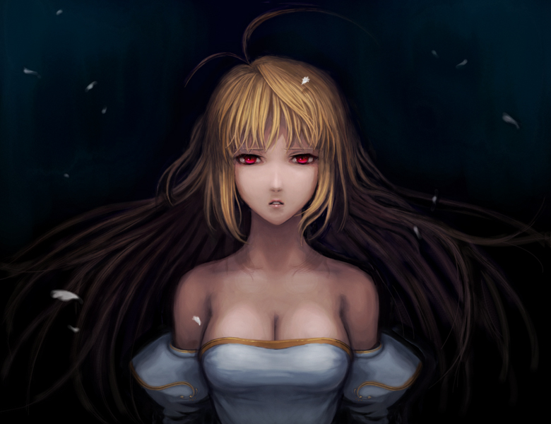 kuroi nyan, archetype earth, arcueid brunestud, tsukihime, type-moon, 00s, 1girl, bare shoulders, blonde hair, breasts, cleavage, detached sleeves, dress, female focus, large breasts, long hair, red eyes, solo, strapless, strapless dress