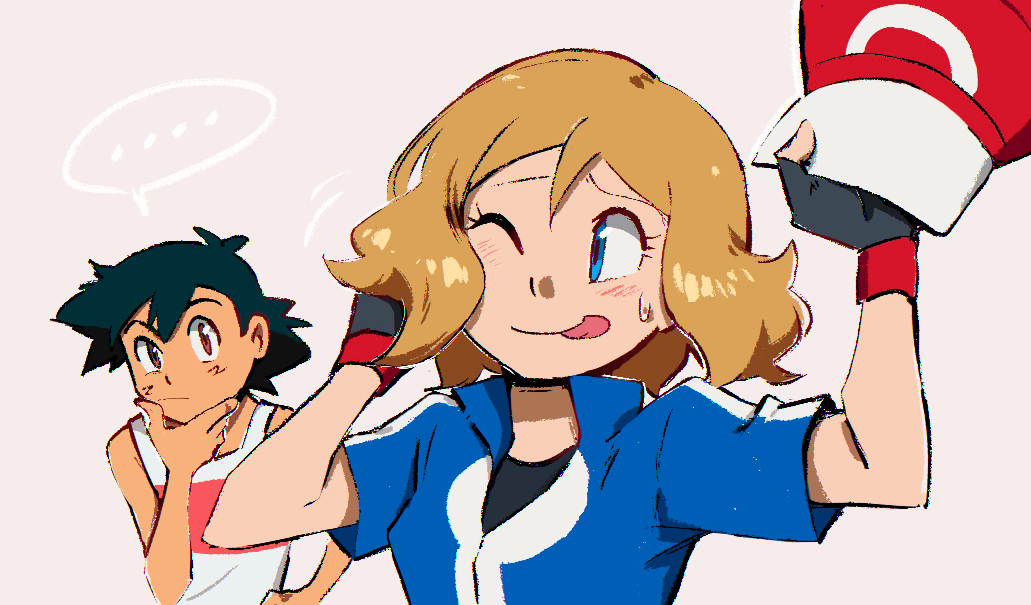 deathyatina, ash ketchum, serena (pokemon), nintendo, pokemon, pokemon (anime), pokemon xy (anime), commentary, highres, …, 1boy, 1girl, ;p, ash ketchum (cosplay), black gloves, black hair, blonde hair, blue eyes, blue jacket, blush, closed mouth, cosplay, fingerless gloves, gloves, grey background, hand in own hair, hand on own chin, hat, holding, holding unworn clothes, holding unworn hat, jacket, official alternate hair length, official alternate hairstyle, one eye closed, red hat, shirt, short hair, short sleeves, simple background, sleeveless, sleeveless shirt, smile, speech bubble, spoken ellipsis, sweatdrop, tongue, tongue out, unworn hat, unworn headwear, upper body, white shirt