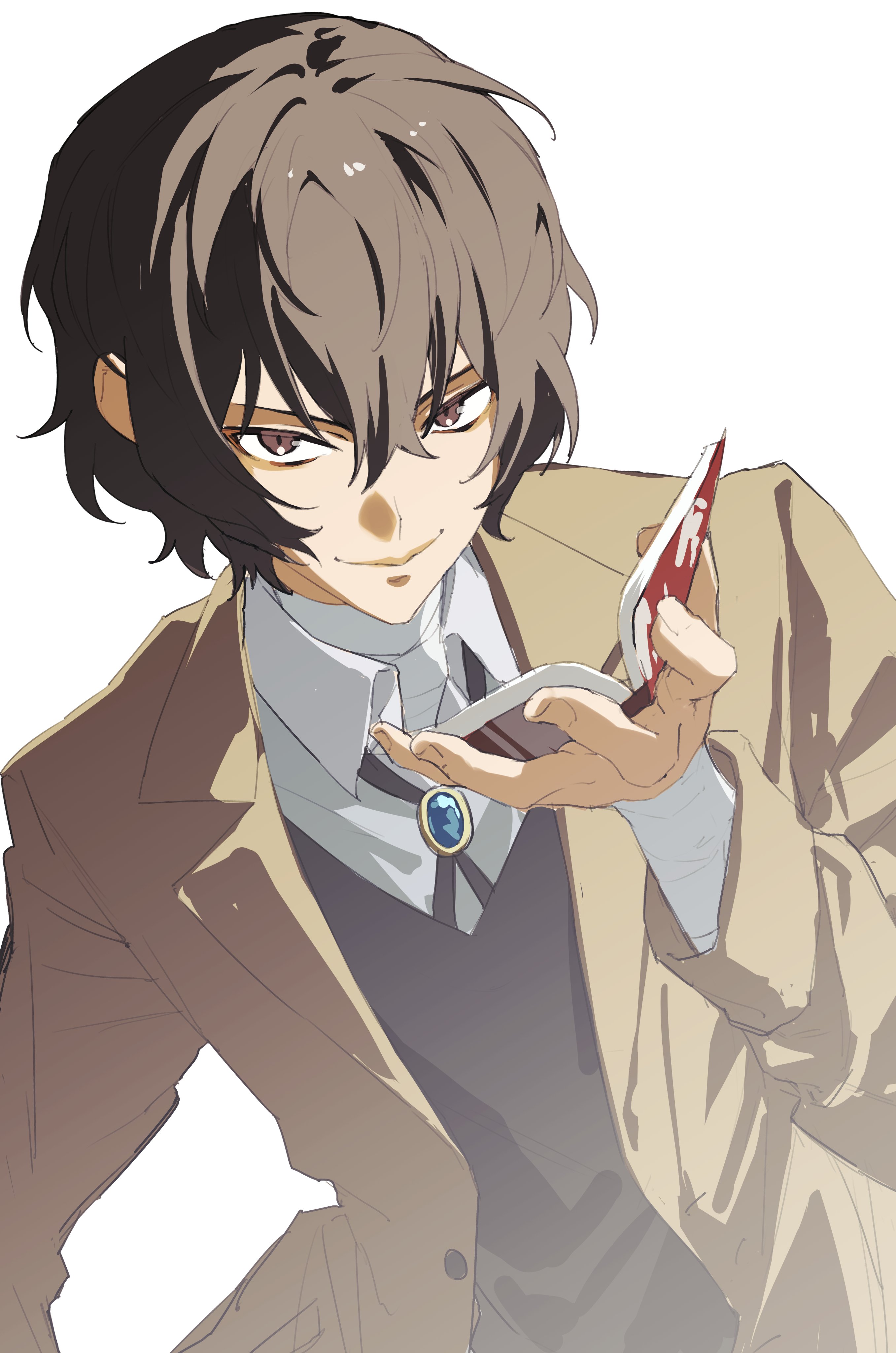 333takoyaki, dazai osamu (bungou stray dogs), bungou stray dogs, absurdres, commentary request, highres, 1boy, bandaged arm, bandaged neck, bandages, book, brown coat, brown eyes, brown hair, closed mouth, coat, holding, holding book, looking at viewer, male focus, open clothes, open coat, shirt, simple background, solo, upper body, white background, white shirt
