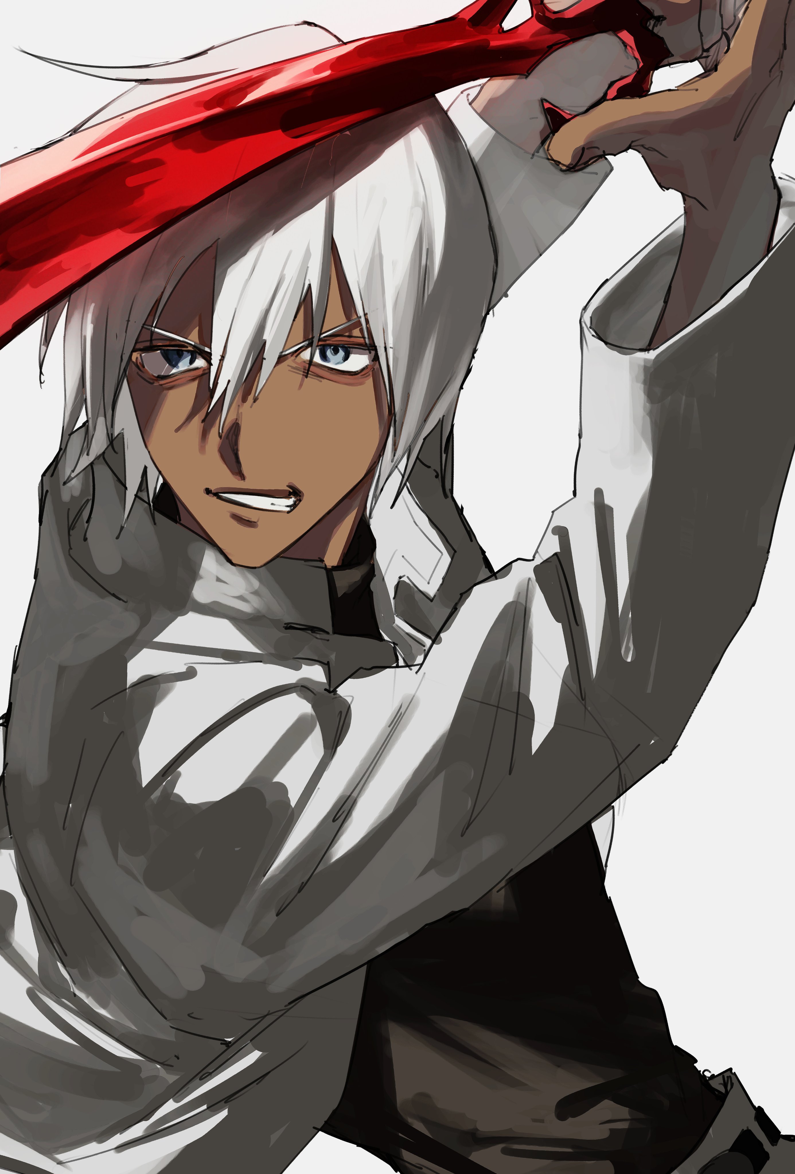 333takoyaki, zap renfro, kekkai sensen, absurdres, commentary request, highres, 1boy, arms up, black shirt, blue eyes, clenched teeth, dark-skinned male, dark skin, holding, holding sword, holding weapon, jacket, male focus, shirt, simple background, solo, sword, teeth, upper body, weapon, white hair, white jacket