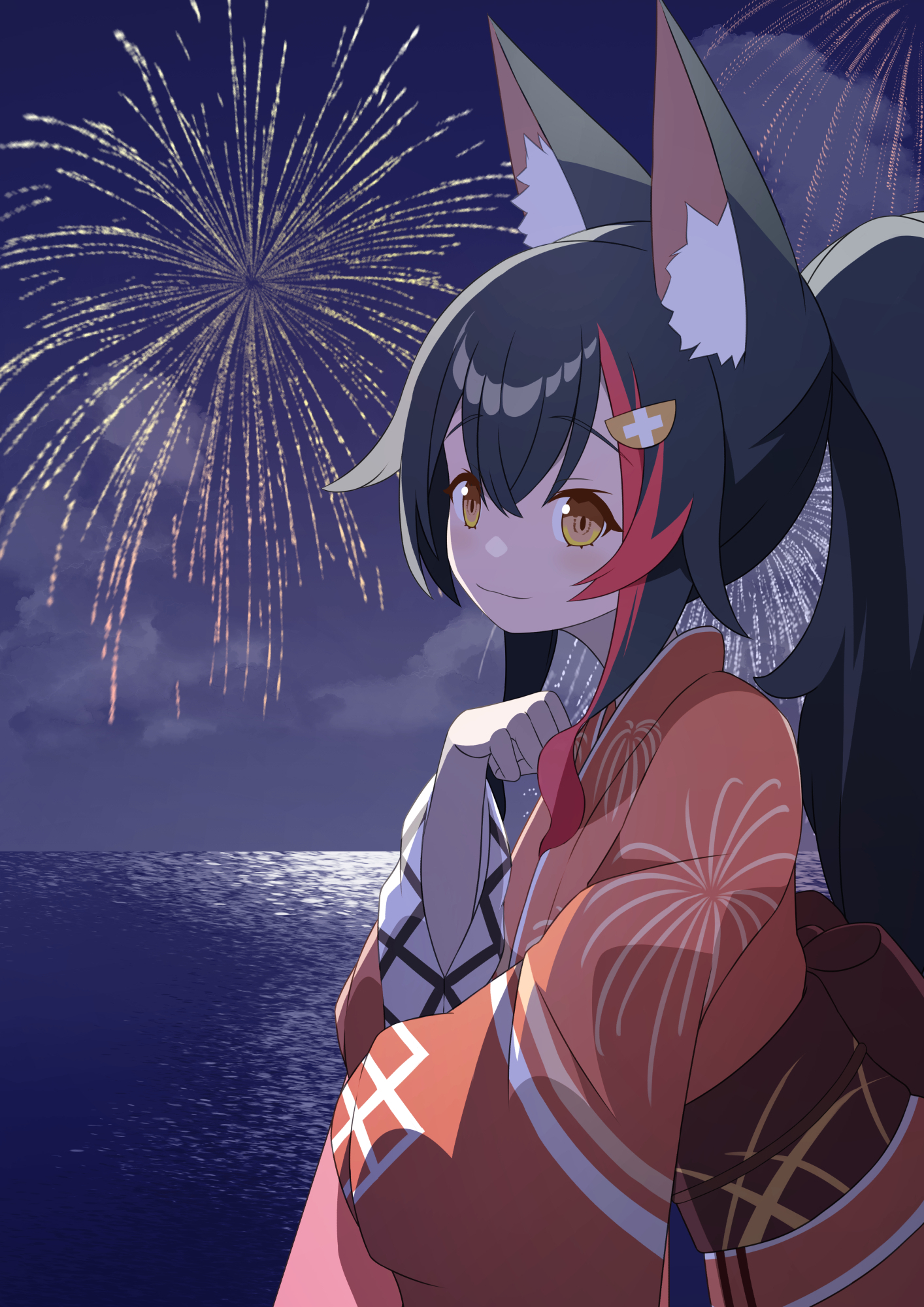 mira-snow-white, ookami mio, hololive, commentary request, highres, pattern request, alternate costume, animal ear fluff, animal ears, black hair, brown eyes, brown sash, closed mouth, crossed bangs, double-parted bangs, fireworks, fireworks print, food-themed hair ornament, from side, hair between eyes, hair ornament, horizon, japanese clothes, kimono, lemon hair ornament, light smile, long hair, long sleeves, looking at viewer, night, night sky, obi, ocean, orange kimono, patterned clothing, ponytail, red hair, sash, sidelighting, single hair streak, sky, upper body, virtual youtuber, white trim, wide sleeves, wolf ears, wolf girl