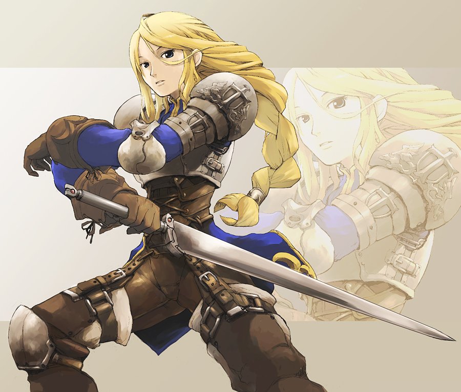 pota (nabrinko), agrias oaks, final fantasy, final fantasy tactics, 1girl, armor, blonde hair, braid, braided ponytail, female focus, hair between eyes, holding, holding sword, holding weapon, legs apart, long hair, pauldrons, shoulder armor, single braid, solo, standing, sword, very long hair, weapon, zoom layer
