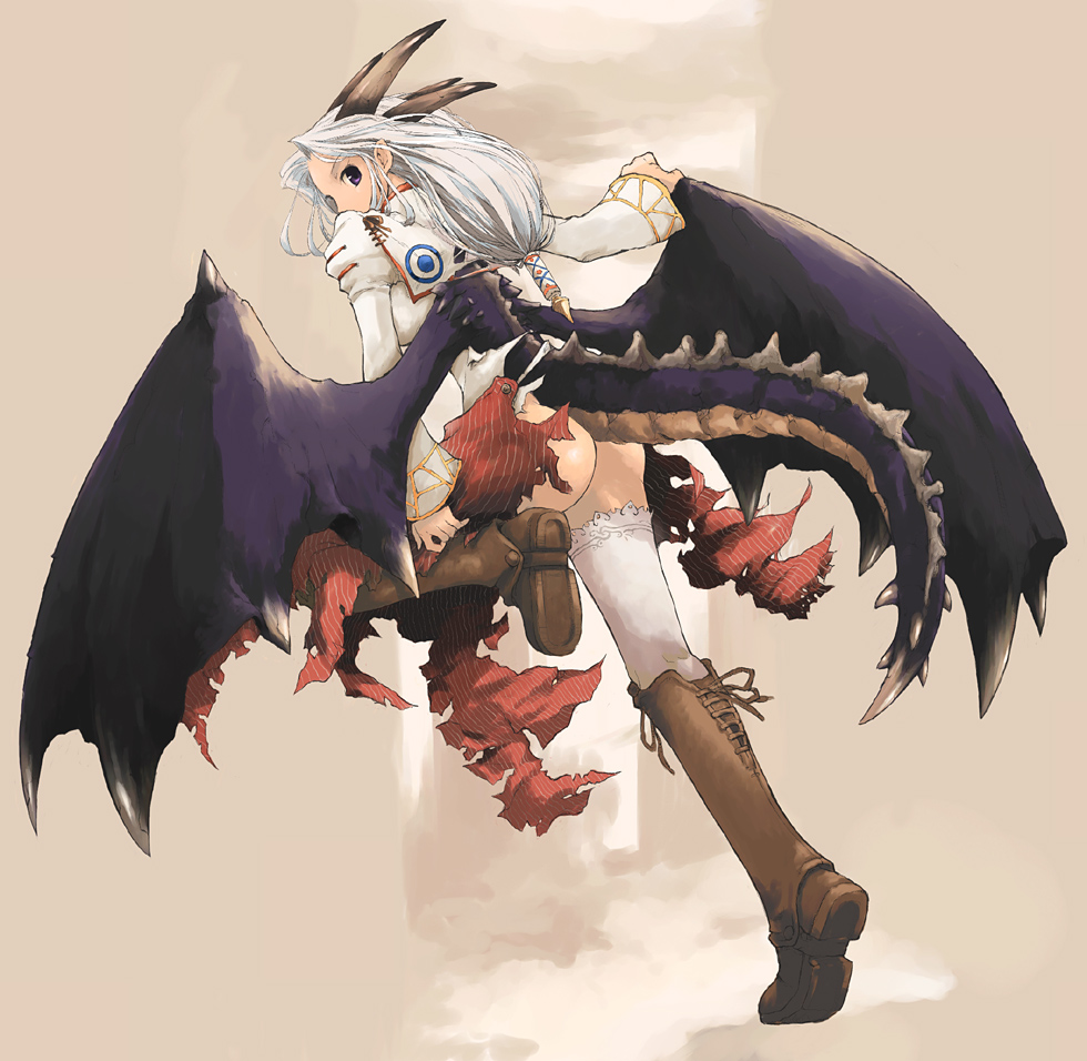 pota, pota (nabrinko), original, 1girl, ass, boots, dragon, dragon girl, female focus, grey hair, horns, monster girl, purple eyes, solo, tail, thighhighs, torn clothes, wings