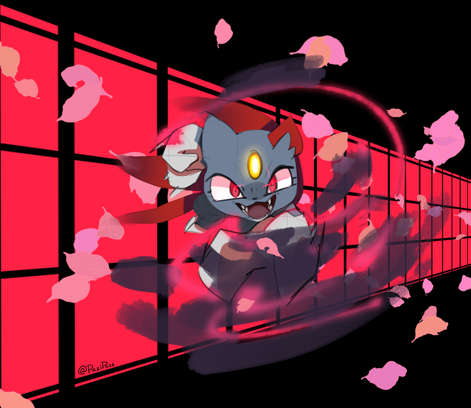 sneasel, nintendo, pokemon, commentary, english commentary, highres, claws, eyelashes, forehead jewel, full body, gen 2 pokemon, open mouth, pazlin, pink petals, pokemon (creature), pokemon focus, pokemon move, red eyes, sharp teeth, solo, teeth, throat chop (pokemon)