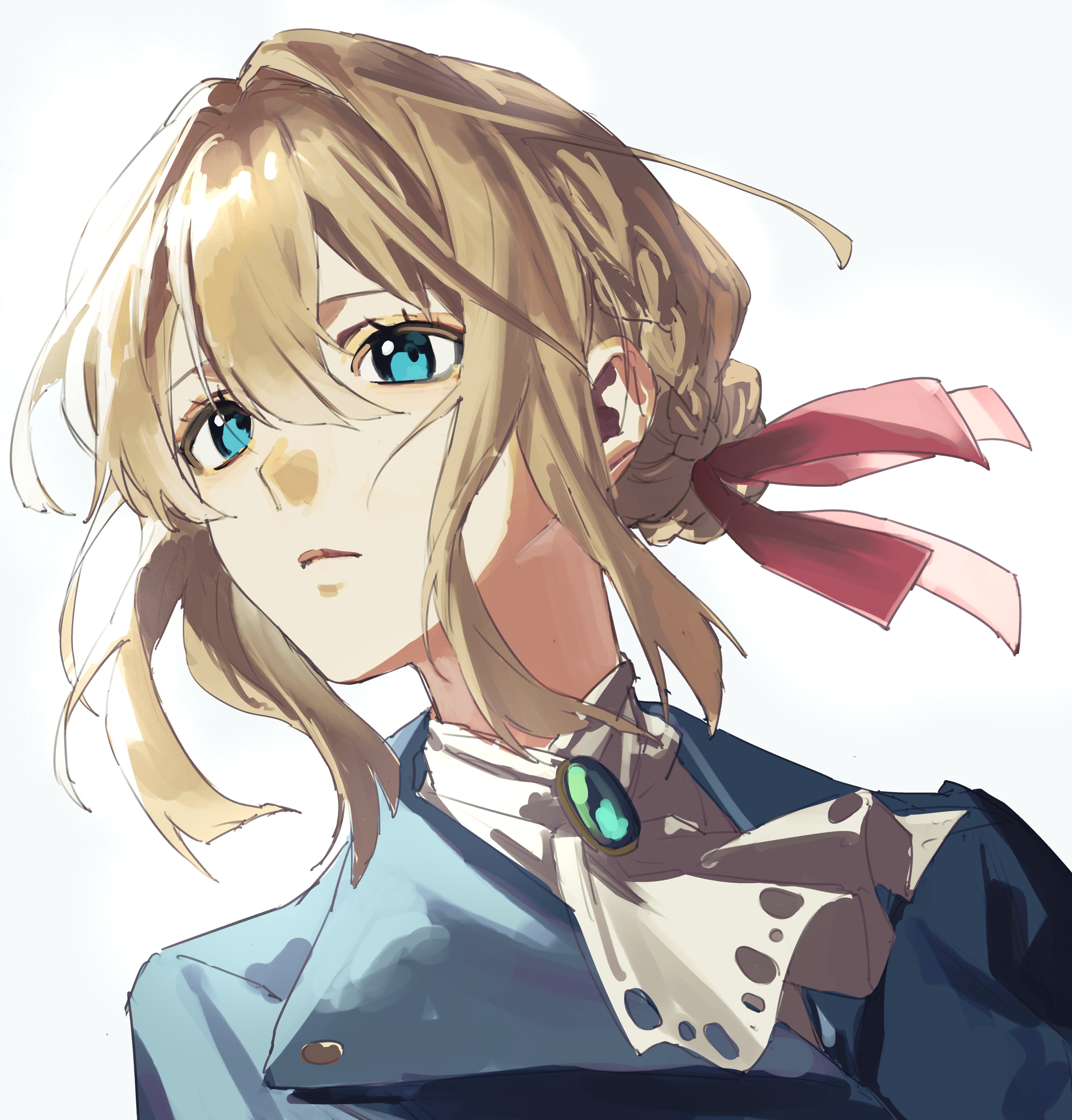 333takoyaki, violet evergarden, violet evergarden (series), absurdres, commentary request, highres, 1girl, ascot, blonde hair, blue eyes, blue jacket, braid, braided bun, brooch, eyelashes, hair between eyes, hair bun, hair ribbon, jacket, jewelry, red ribbon, ribbon, simple background, solo, upper body, white ascot, white background