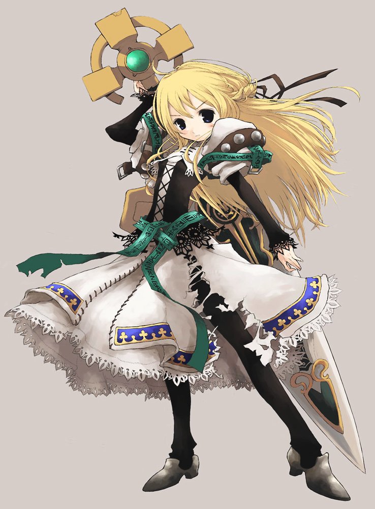 pota, pota (nabrinko), yggdra yuril artwaltz, yggdra union, 1girl, armor, armored dress, blonde hair, blue eyes, dress, female focus, full body, grey background, holding, holding sword, holding weapon, huge weapon, legs apart, long hair, solo, standing, sword, torn clothes, weapon