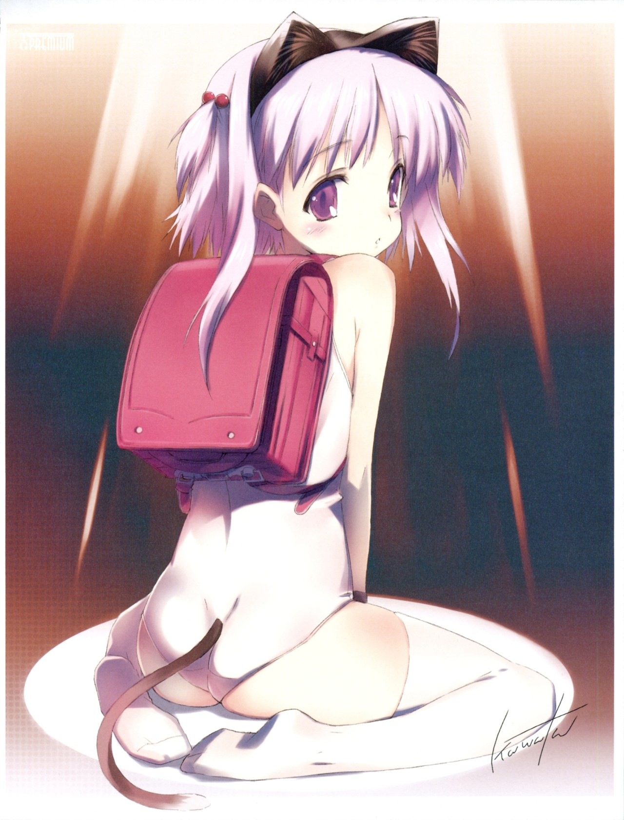 kawata hisashi, nanako (to heart 2), to heart (series), to heart 2, to heart 2 ad, highres, scan, 00s, 1girl, animal ears, ass, backpack, bag, blush, cat ears, cat tail, clothing cutout, dimples of venus, female focus, from behind, hair bobbles, hair ornament, loli, looking back, one-piece swimsuit, pink hair, purple eyes, purple hair, randoseru, school swimsuit, short hair, short twintails, signature, sitting, solo, swimsuit, tail, tail through clothes, thighhighs, twintails, two side up, white one-piece swimsuit, white school swimsuit, white thighhighs