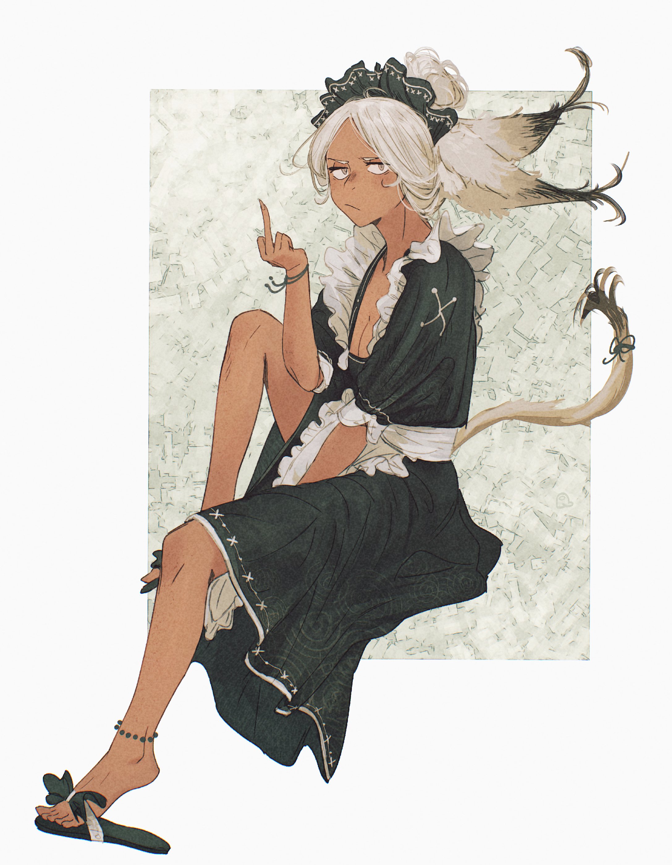 spindle (aidenr0), original, absurdres, commentary, english commentary, highres, 1girl, :/, alternate costume, animal ears, anklet, annoyed, black dress, bracelet, breasts, cat ears, cat girl, cat tail, cleavage, dress, enmaided, full body, grey eyes, hair bun, izaria (spindle (aidenr0)), jewelry, looking at viewer, maid, maid headdress, middle finger, sandals, short hair, solo, tail, white hair, white tail