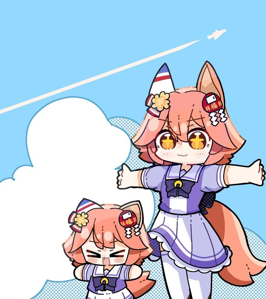 temu (kobaeihuk), matikanefukukitaru (umamusume), umamusume, commentary, symbol-only commentary, > <, 2girls, :3, animal ears, blush stickers, bow, bowtie, chibi, contrail, dual persona, ear covers, hair ornament, horse ears, horse girl, horse tail, multiple girls, open mouth, orange eyes, orange hair, outstretched arms, pleated skirt, school uniform, short sleeves, single ear cover, skirt, sky, smile, tail, thighhighs, tracen school uniform